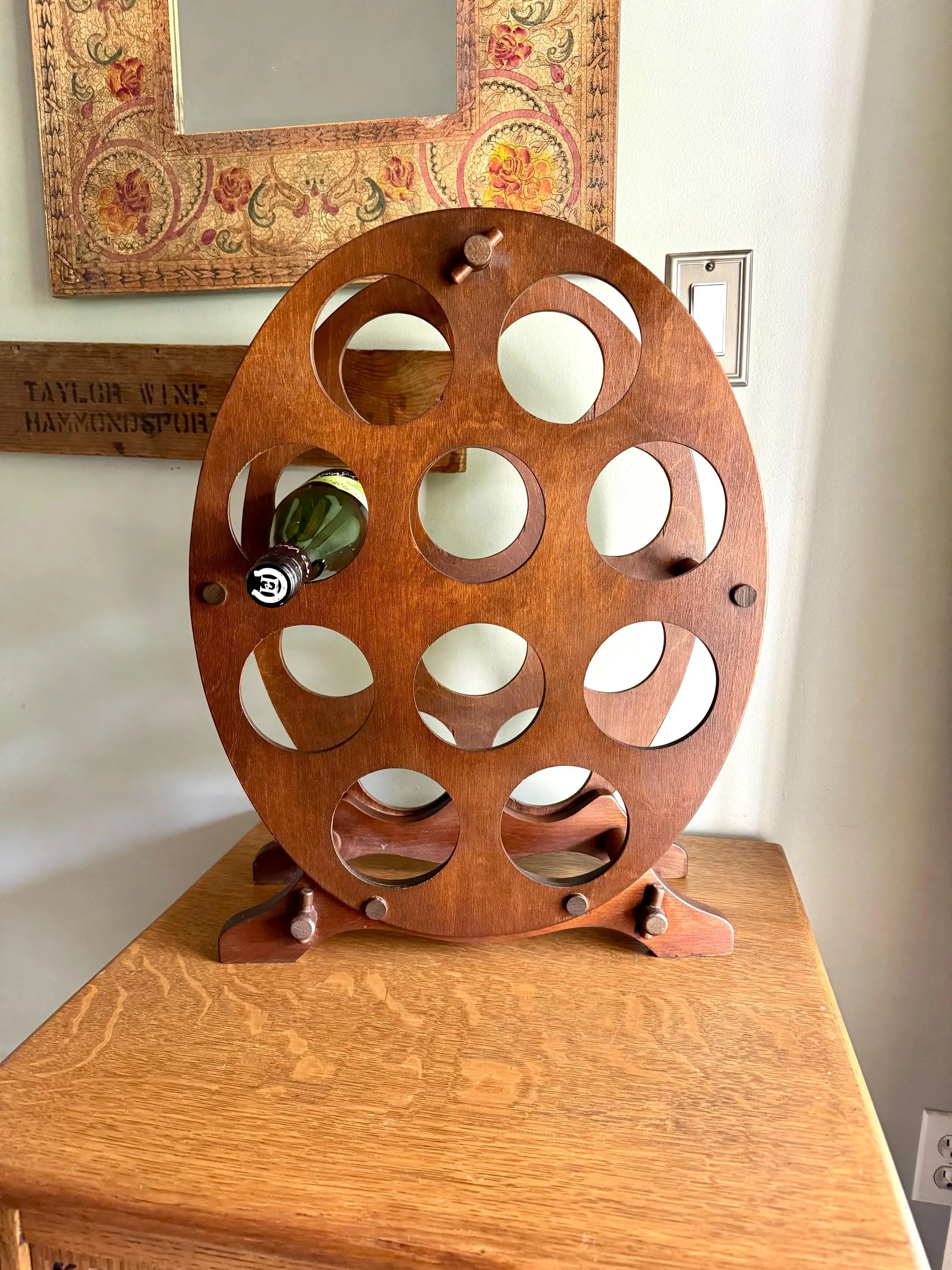 Vintage Wood Oval Wine Rack | Rustic Wine Rack | 10 Spot Wine Bottle Rack | Rustic Wine Storage | Mid Century Wine Rack Stand