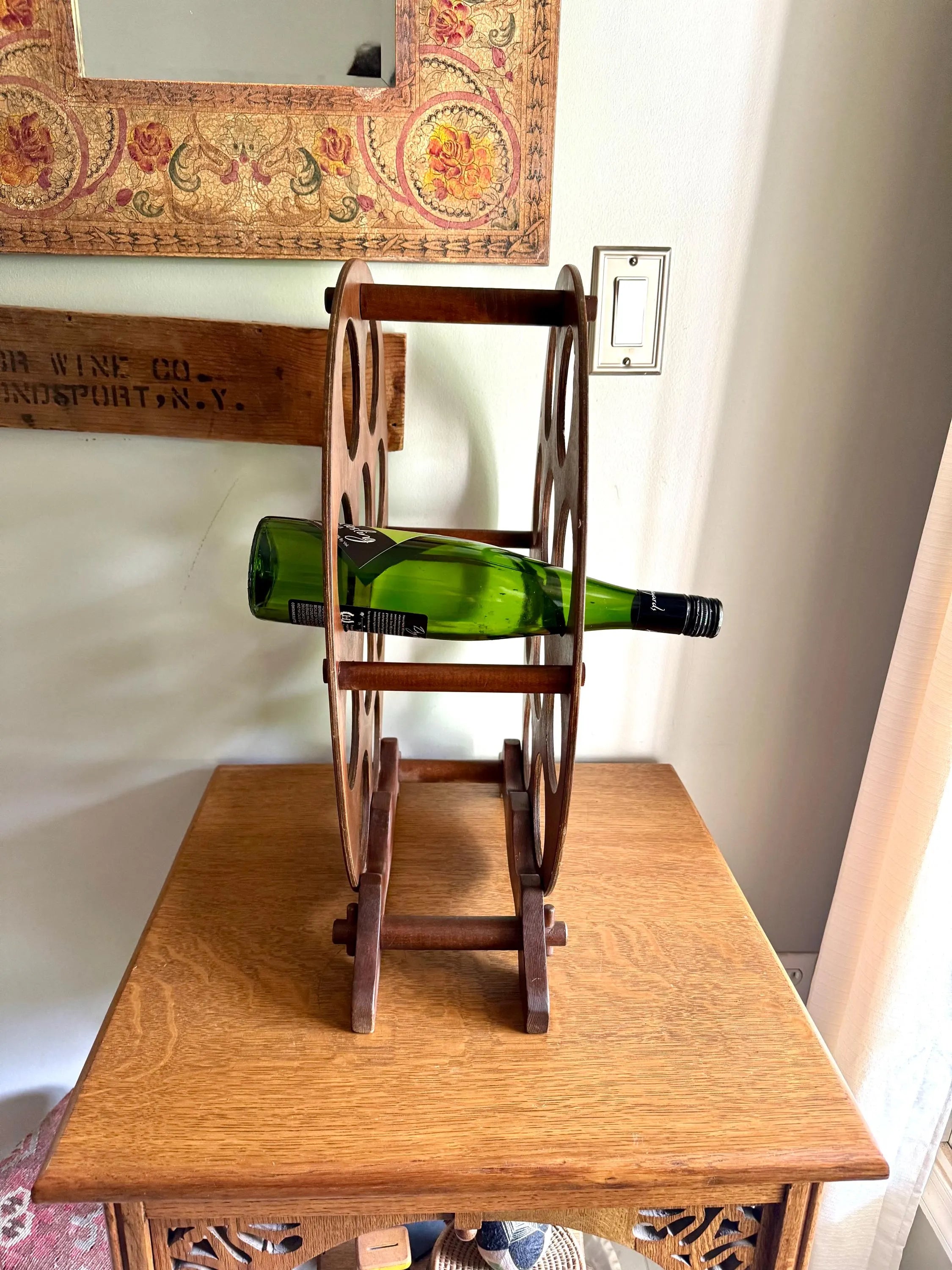 Vintage Wood Oval Wine Rack | Rustic Wine Rack | 10 Spot Wine Bottle Rack | Rustic Wine Storage | Mid Century Wine Rack Stand