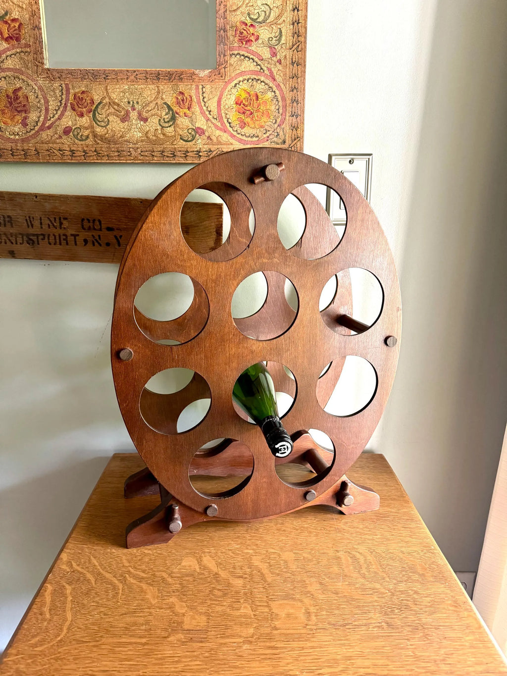 Vintage Wood Oval Wine Rack | Rustic Wine Rack | 10 Spot Wine Bottle Rack | Rustic Wine Storage | Mid Century Wine Rack Stand