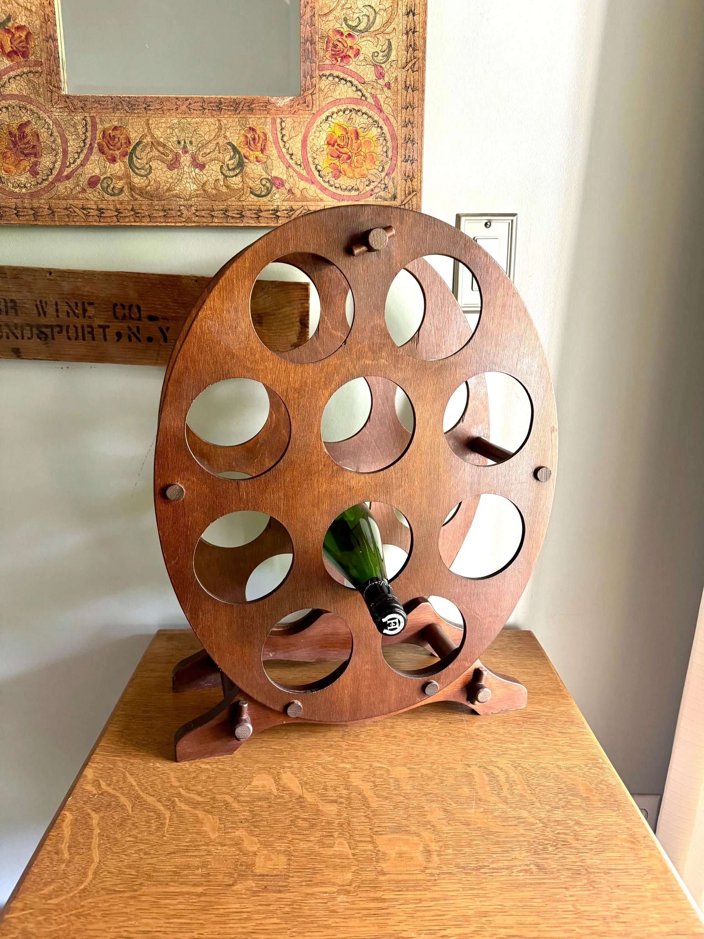 Vintage Wood Oval Wine Rack | Rustic Wine Rack | 10 Spot Wine Bottle Rack | Rustic Wine Storage | Mid Century Wine Rack Stand