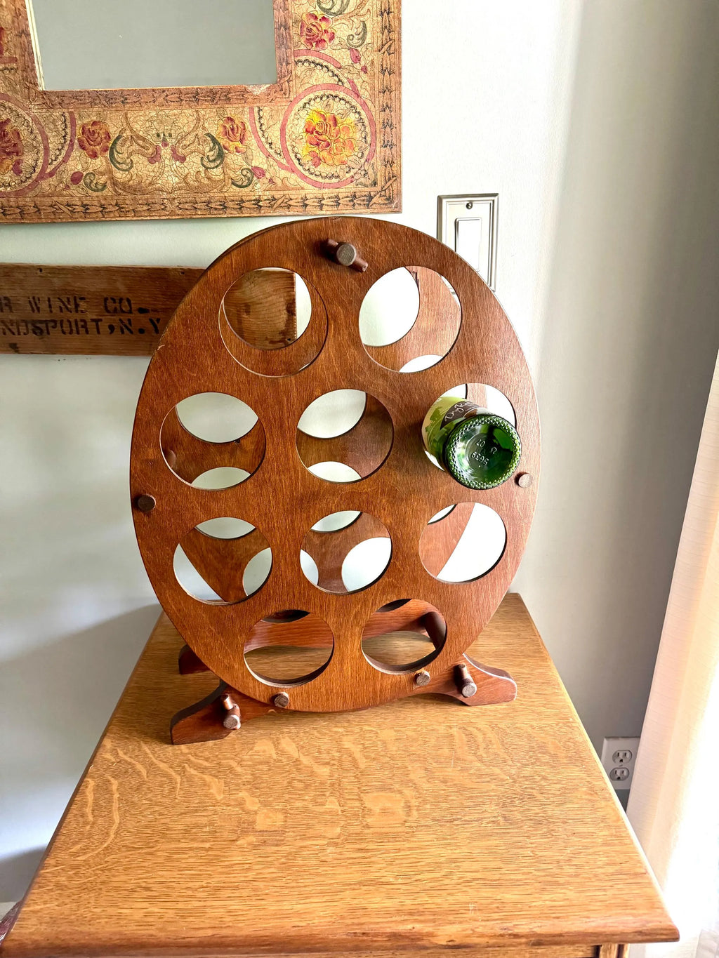 Vintage Wood Oval Wine Rack | Rustic Wine Rack | 10 Spot Wine Bottle Rack | Rustic Wine Storage | Mid Century Wine Rack Stand
