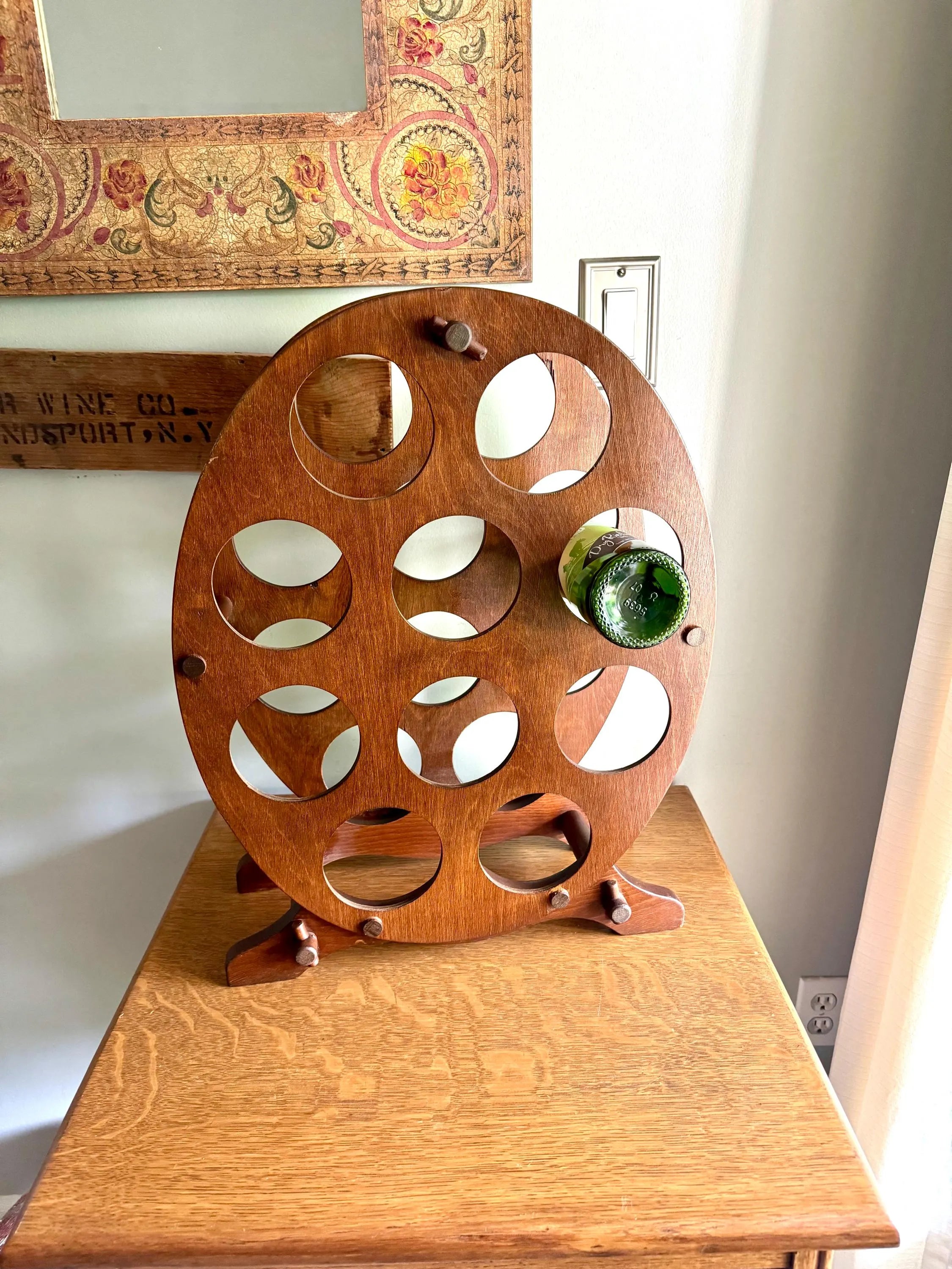 Vintage Wood Oval Wine Rack | Rustic Wine Rack | 10 Spot Wine Bottle Rack | Rustic Wine Storage | Mid Century Wine Rack Stand