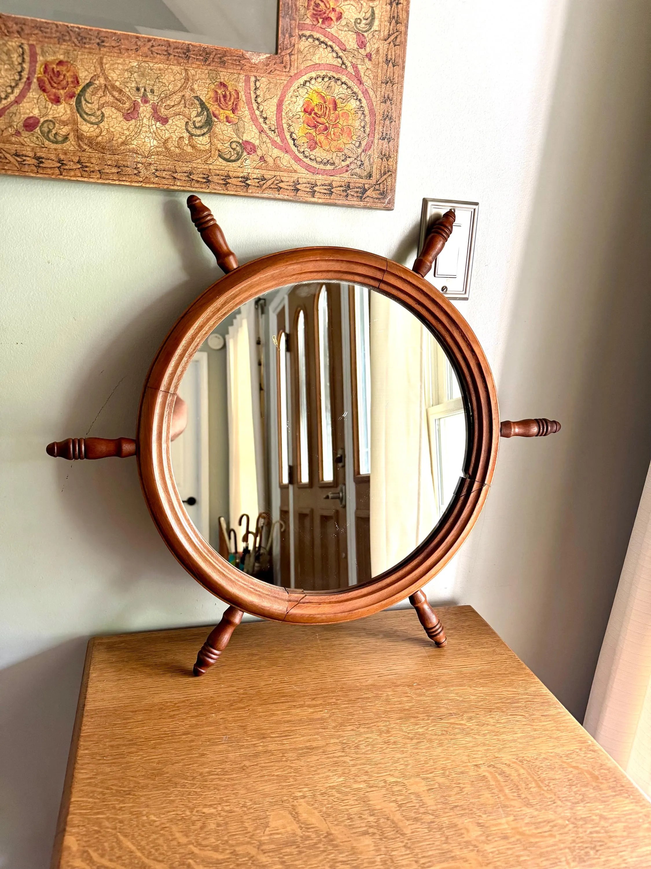 Vintage Nautical Ship's Wheel Wood Mirror | Wooden Ship's Helm Mirror| Nautical Themed Wood Mirror| Maritime Mirror | Rustic Nautical Mirror