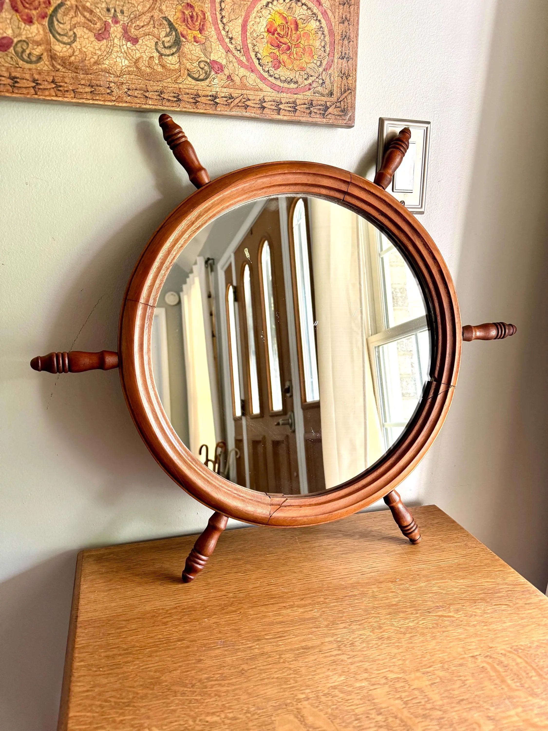 Vintage Nautical Ship's Wheel Wood Mirror | Wooden Ship's Helm Mirror| Nautical Themed Wood Mirror| Maritime Mirror | Rustic Nautical Mirror