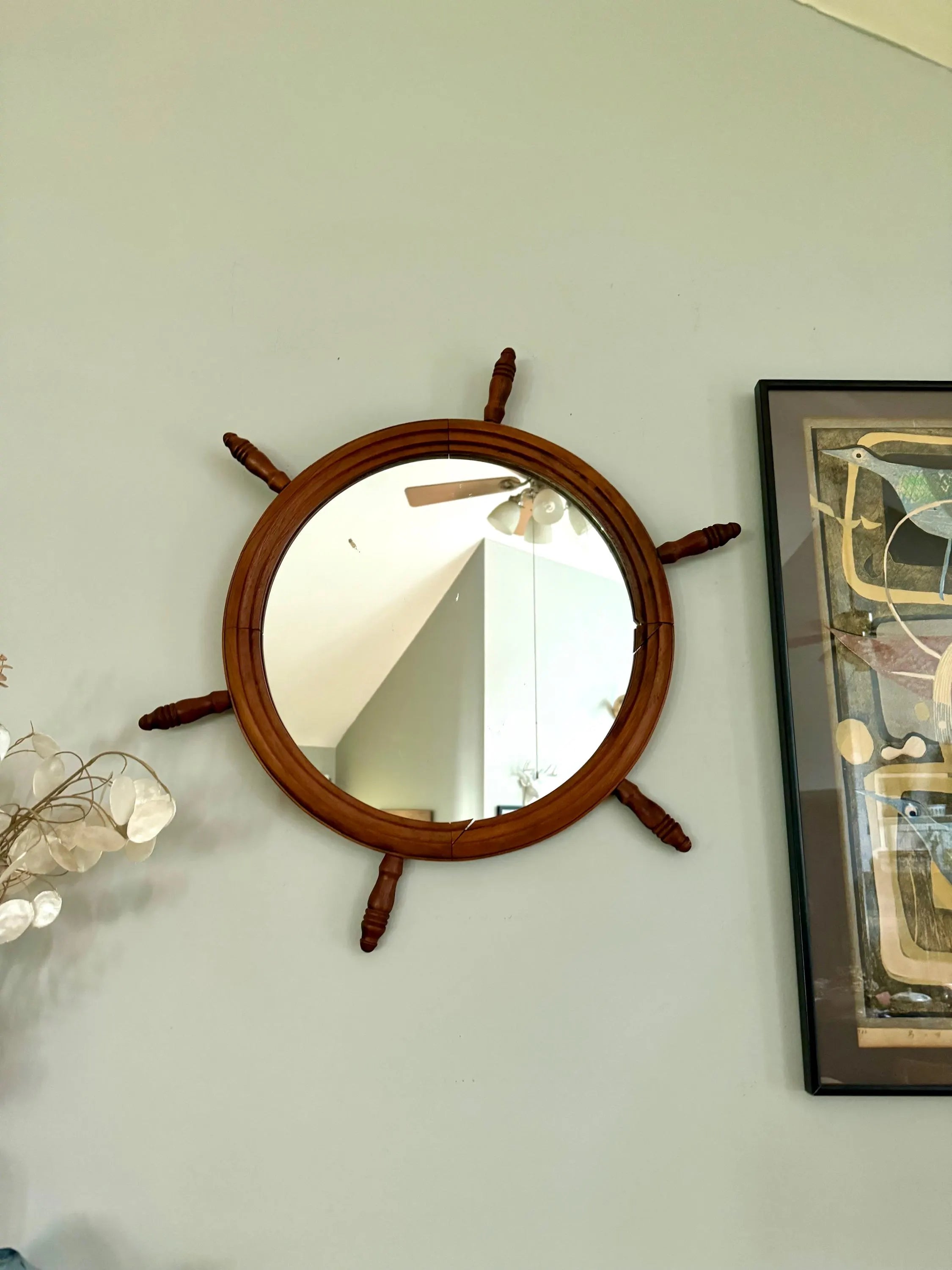 Vintage Nautical Ship's Wheel Wood Mirror | Wooden Ship's Helm Mirror| Nautical Themed Wood Mirror| Maritime Mirror | Rustic Nautical Mirror