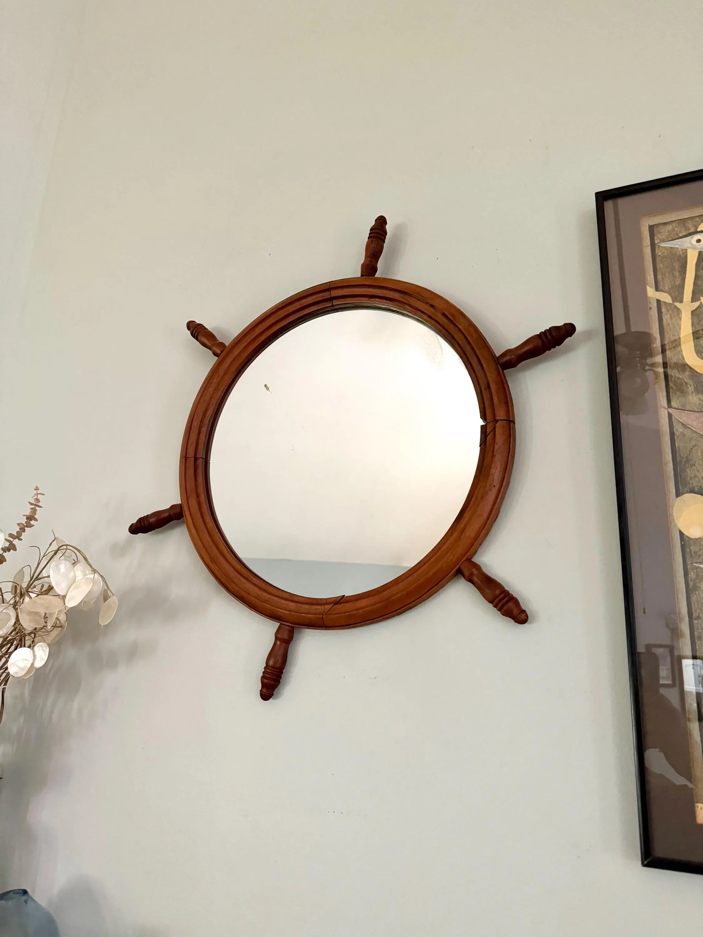 Vintage Nautical Ship's Wheel Wood Mirror | Wooden Ship's Helm Mirror| Nautical Themed Wood Mirror| Maritime Mirror | Rustic Nautical Mirror
