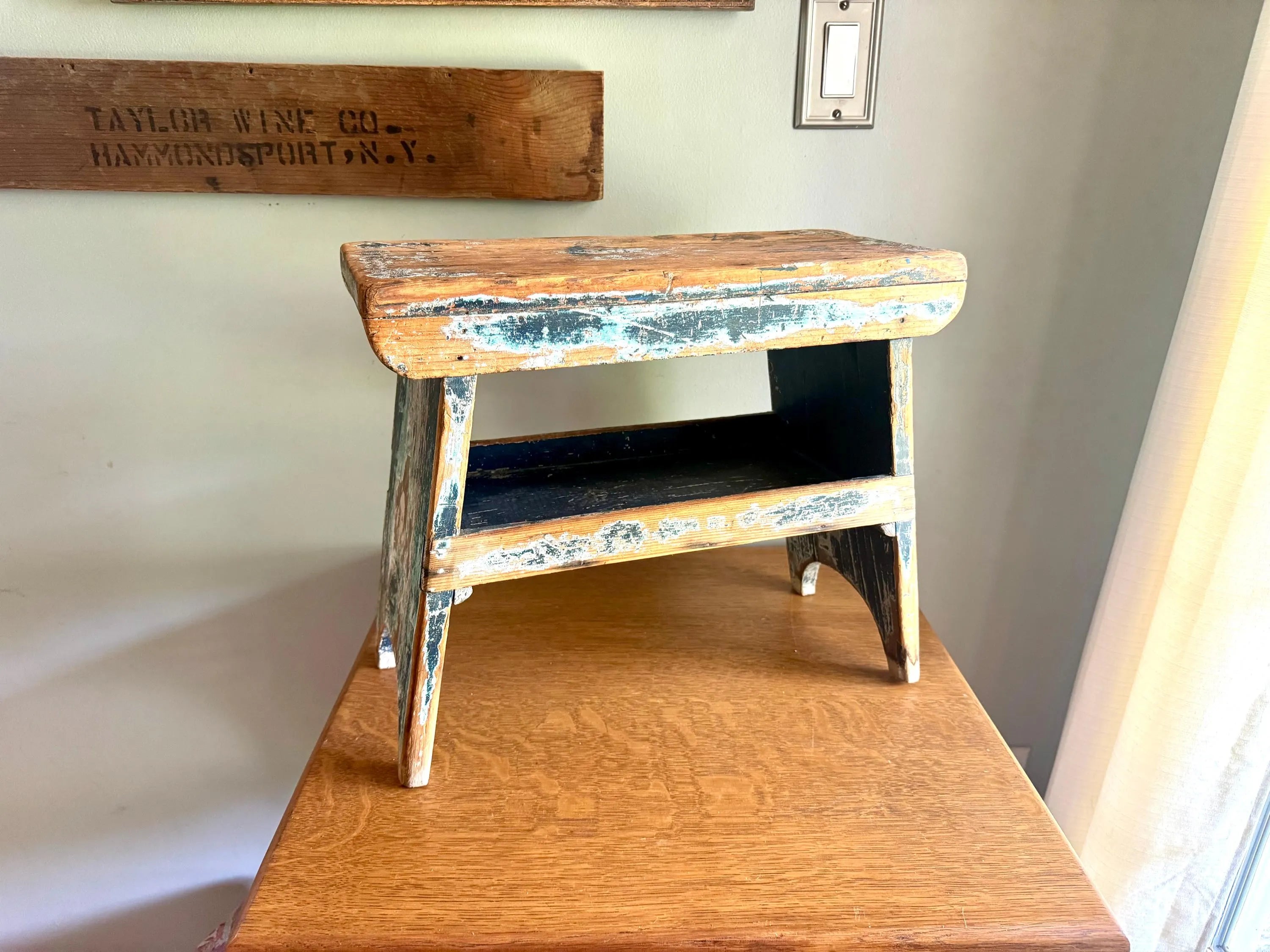 Antique Wooden Stool with Distressed Paint | Primitive Wood Stool | Rustic Blue Small Bench | Shabby Chic Distressed Wood Stool