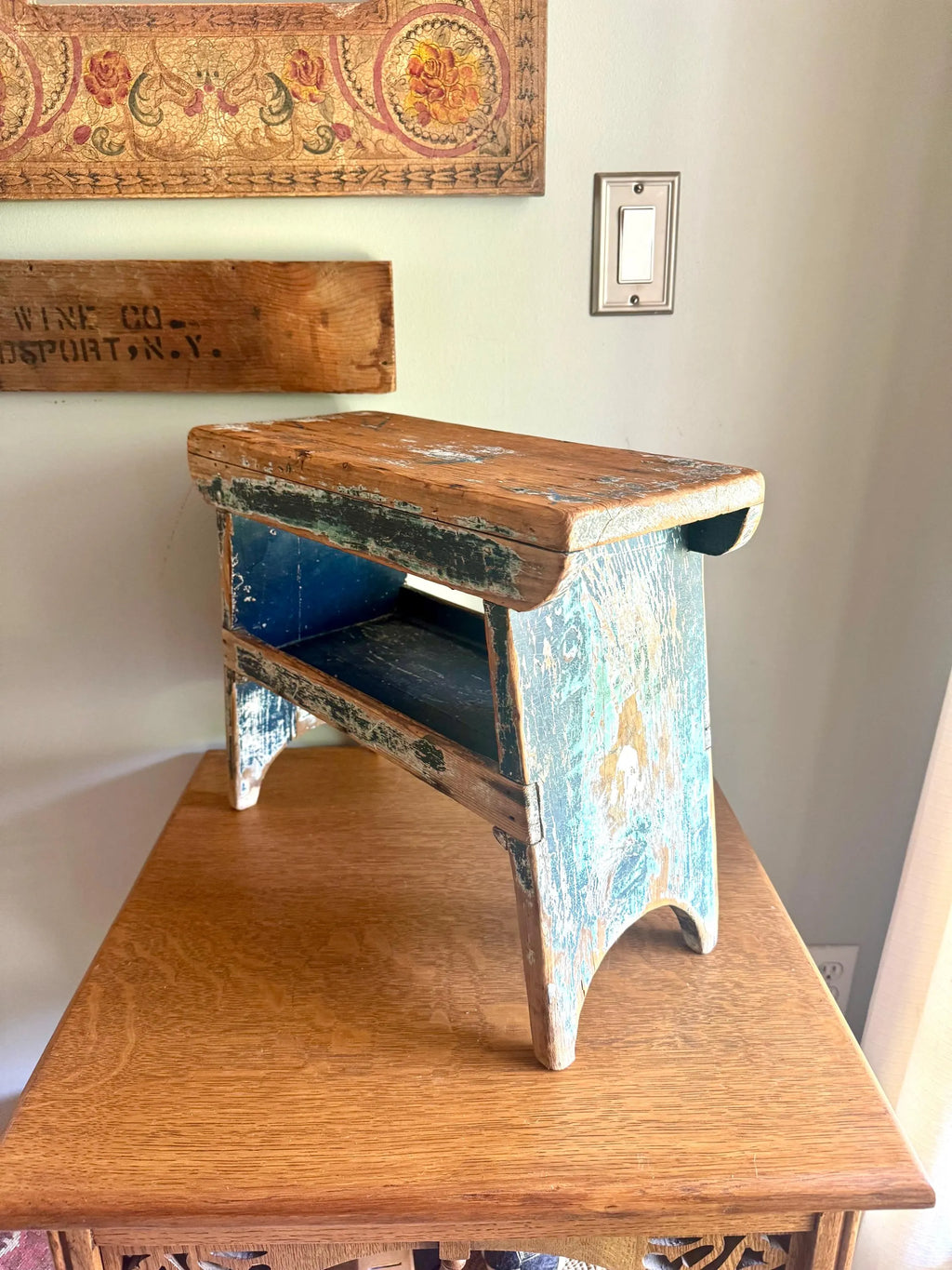 Antique Wooden Stool with Distressed Paint | Primitive Wood Stool | Rustic Blue Small Bench | Shabby Chic Distressed Wood Stool