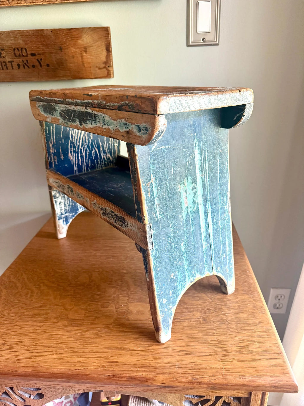 Antique Wooden Stool with Distressed Paint | Primitive Wood Stool | Rustic Blue Small Bench | Shabby Chic Distressed Wood Stool