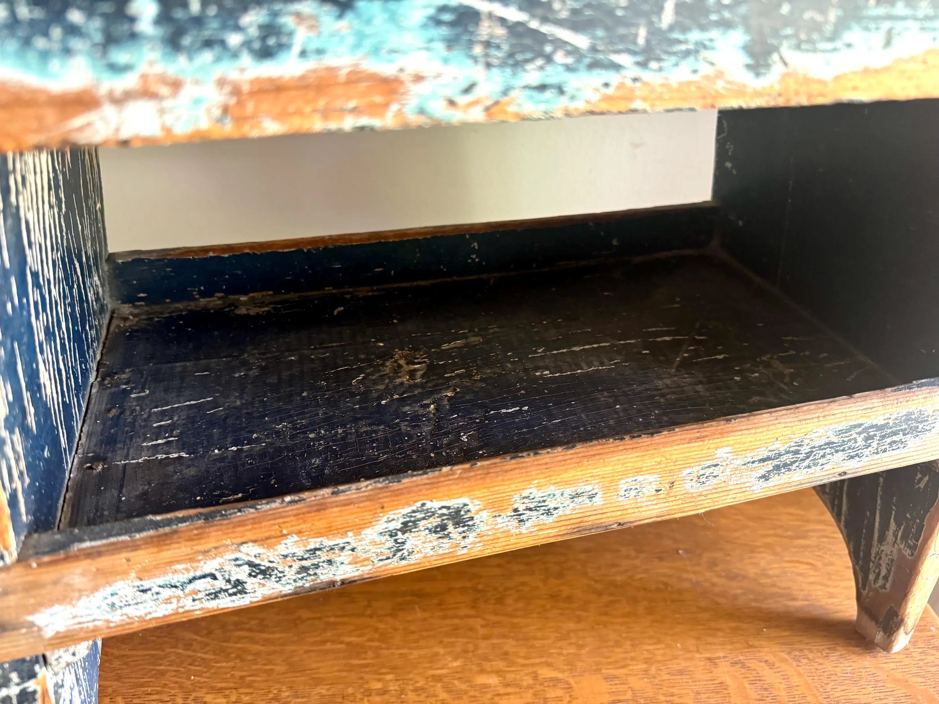 Antique Wooden Stool with Distressed Paint | Primitive Wood Stool | Rustic Blue Small Bench | Shabby Chic Distressed Wood Stool