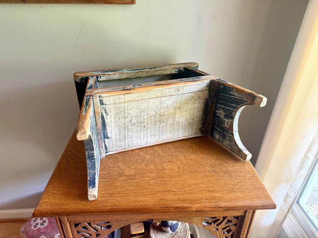 Antique Wooden Stool with Distressed Paint | Primitive Wood Stool | Rustic Blue Small Bench | Shabby Chic Distressed Wood Stool