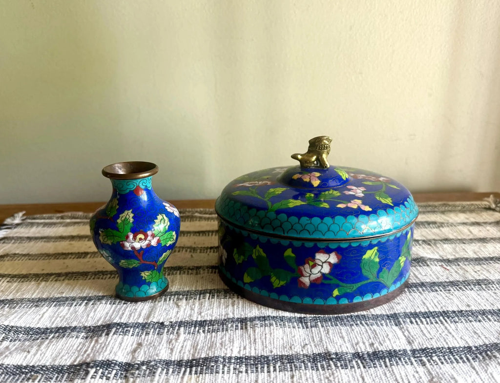 Antique Chinese Copperl Trinket Box | Enamel Cloisonne Box | Enamel Covered Dish | Foo Dog Enamel Lidded Bowl & Cloisonne Bud Vase