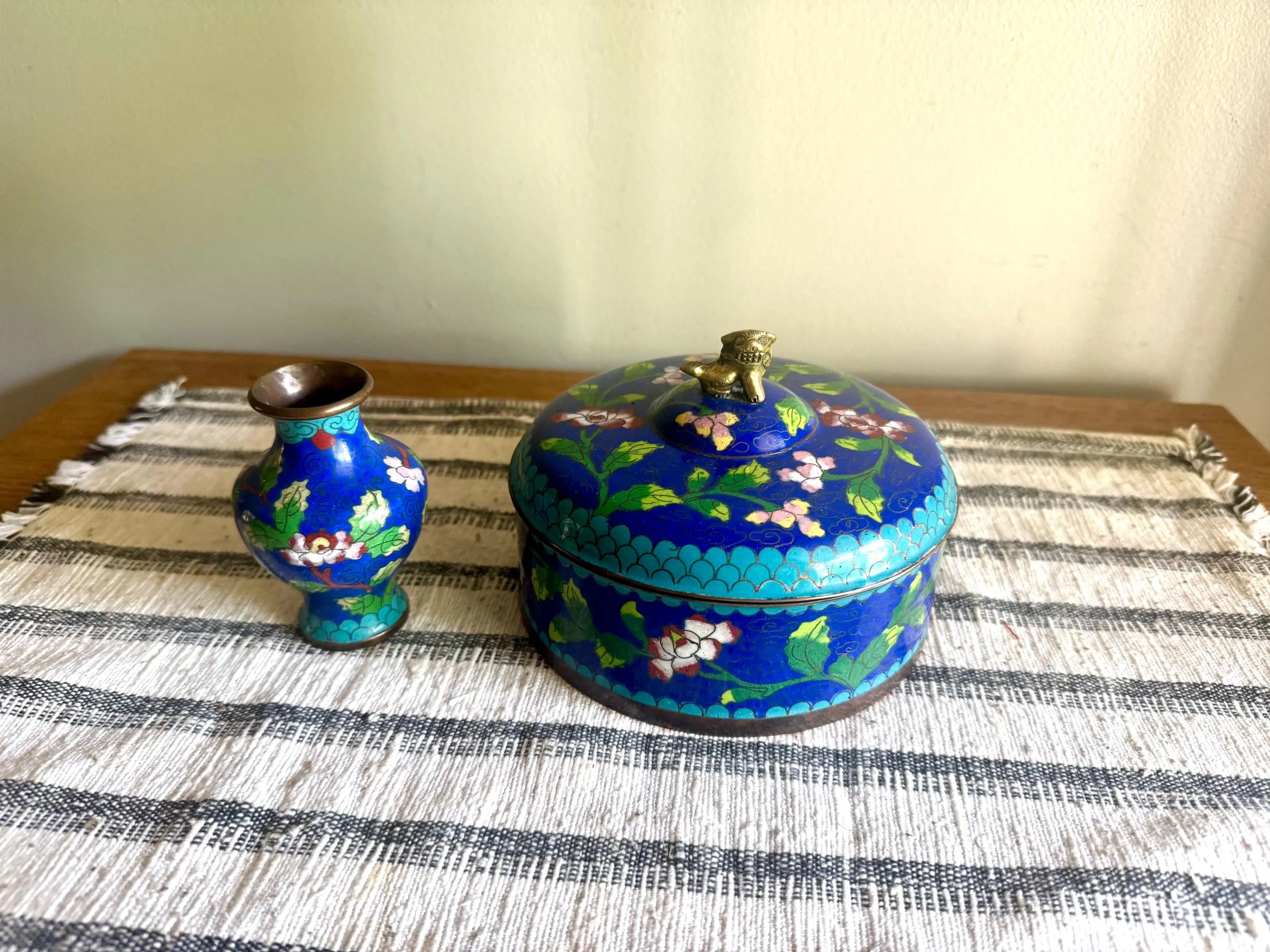 Antique Chinese Copperl Trinket Box | Enamel Cloisonne Box | Enamel Covered Dish | Foo Dog Enamel Lidded Bowl & Cloisonne Bud Vase