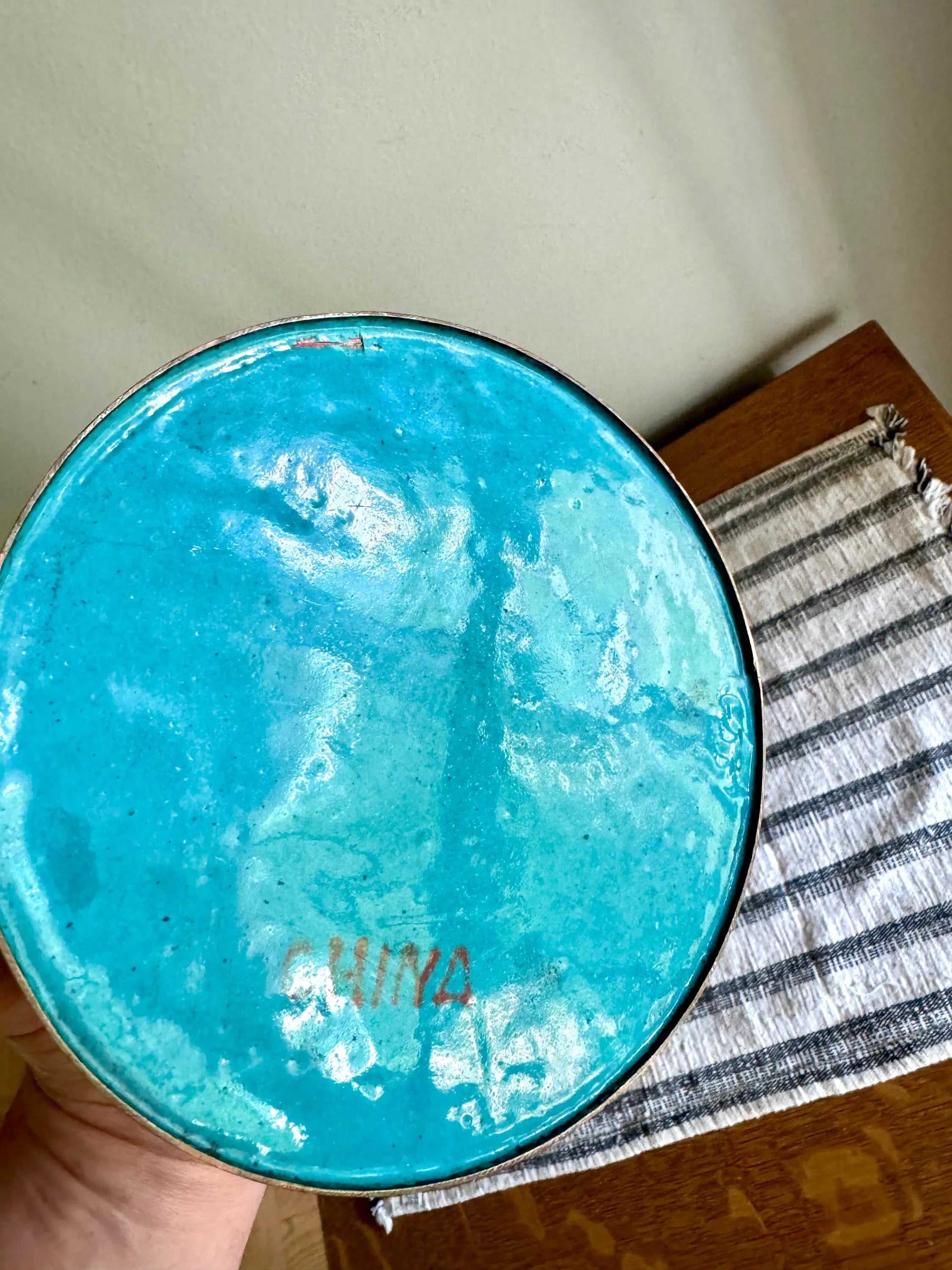 Antique Chinese Copperl Trinket Box | Enamel Cloisonne Box | Enamel Covered Dish | Foo Dog Enamel Lidded Bowl & Cloisonne Bud Vase