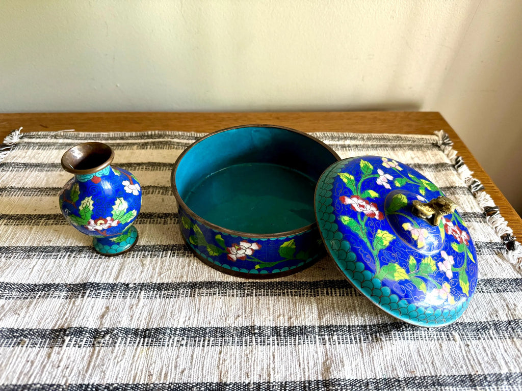 Antique Chinese Copperl Trinket Box | Enamel Cloisonne Box | Enamel Covered Dish | Foo Dog Enamel Lidded Bowl & Cloisonne Bud Vase