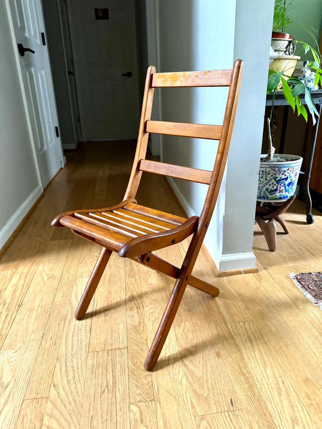 Antique Child's Slatted Wood Folding Chair | Small Unique Folding Wood Chair | Antique Folding Chair | Rustic Folding Chair | Extra Seating