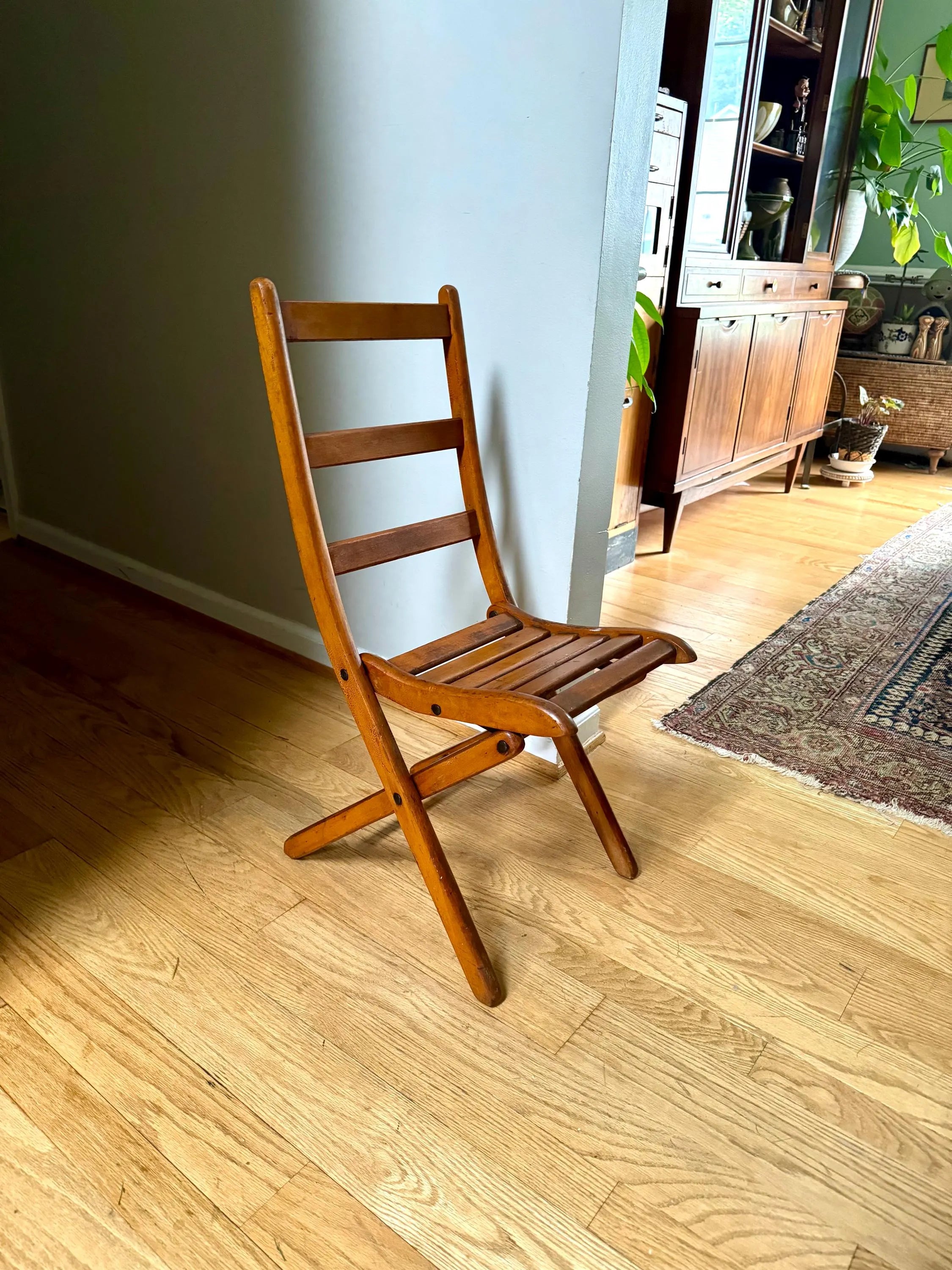Antique Child's Slatted Wood Folding Chair | Small Unique Folding Wood Chair | Antique Folding Chair | Rustic Folding Chair | Extra Seating