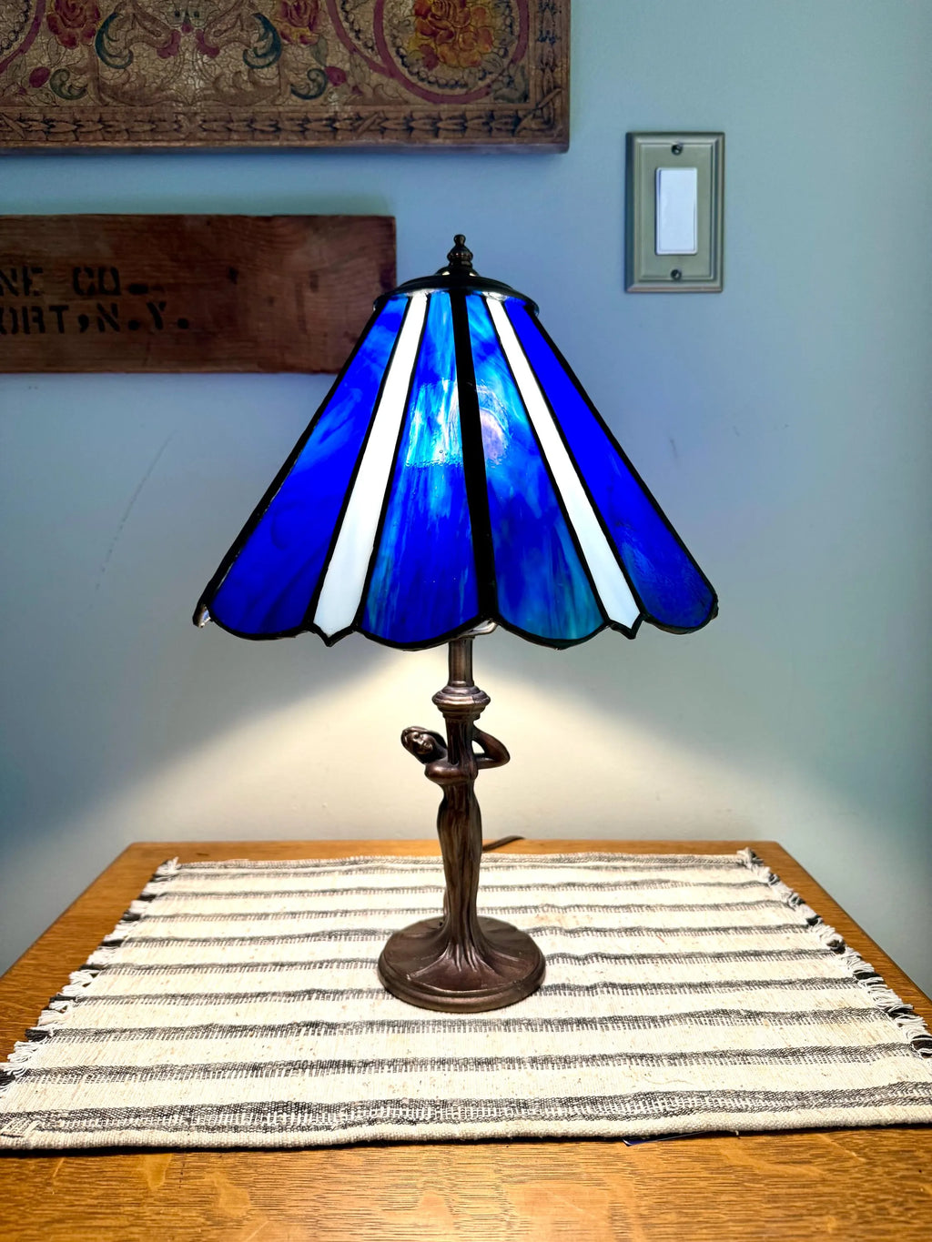 Vintage Tiffany Style Blue Stained Glass Desk Lamp | Art Deco Lady Figurine Stained Glass Lamp | Tiffany Style Tree Lady Accent Lamp