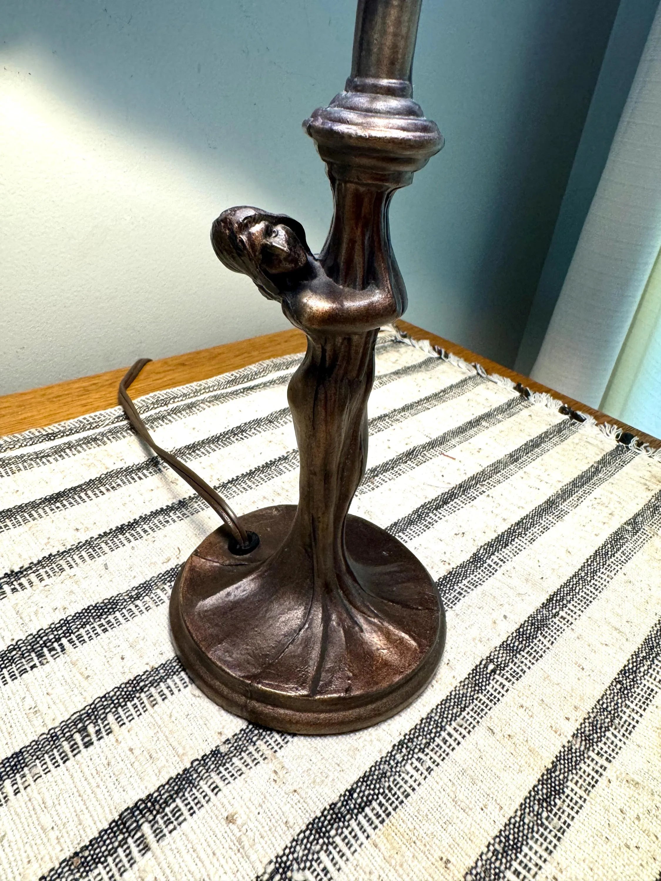 Vintage Tiffany Style Blue Stained Glass Desk Lamp | Art Deco Lady Figurine Stained Glass Lamp | Tiffany Style Tree Lady Accent Lamp