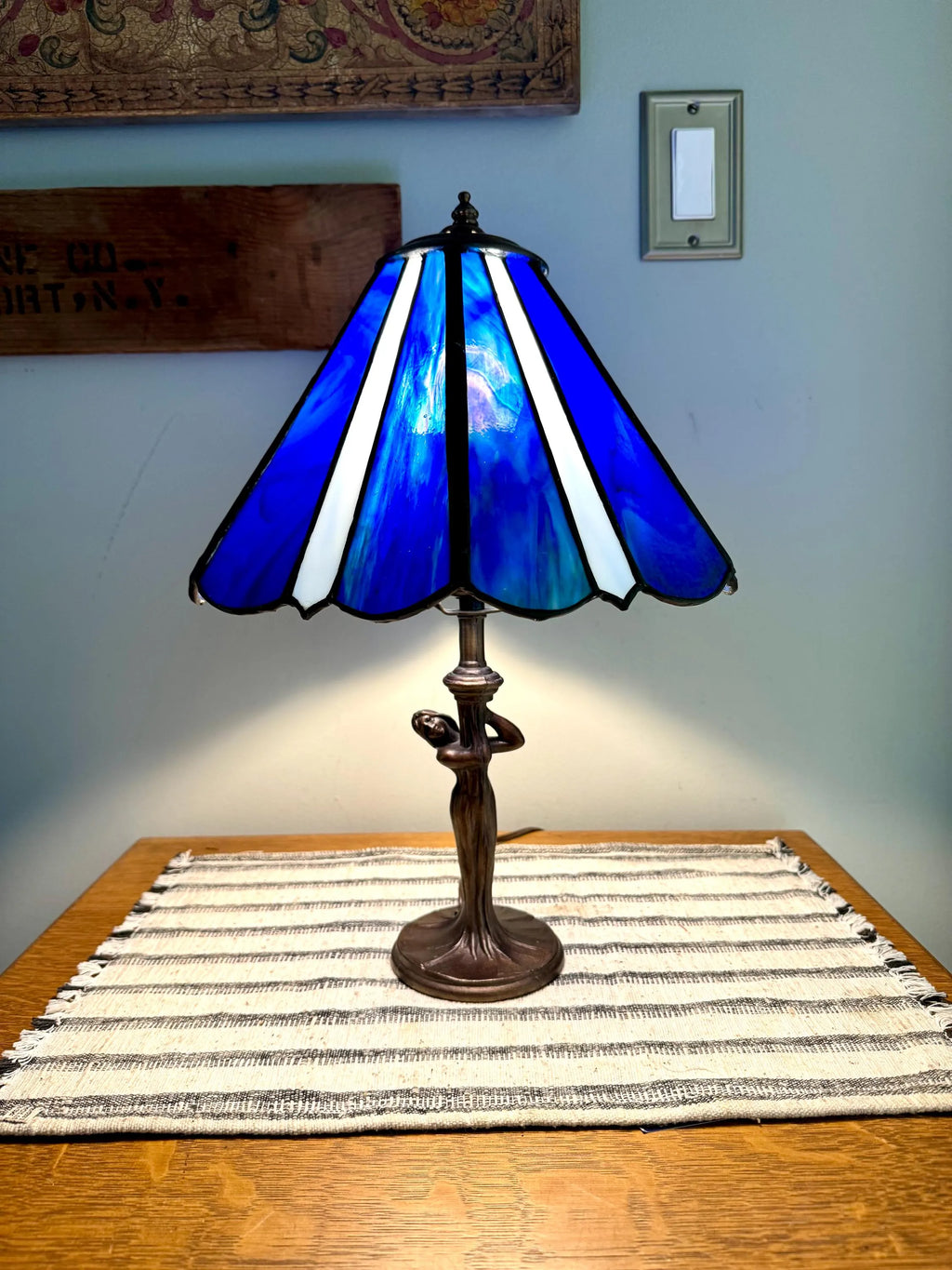 Vintage Tiffany Style Blue Stained Glass Desk Lamp | Art Deco Lady Figurine Stained Glass Lamp | Tiffany Style Tree Lady Accent Lamp