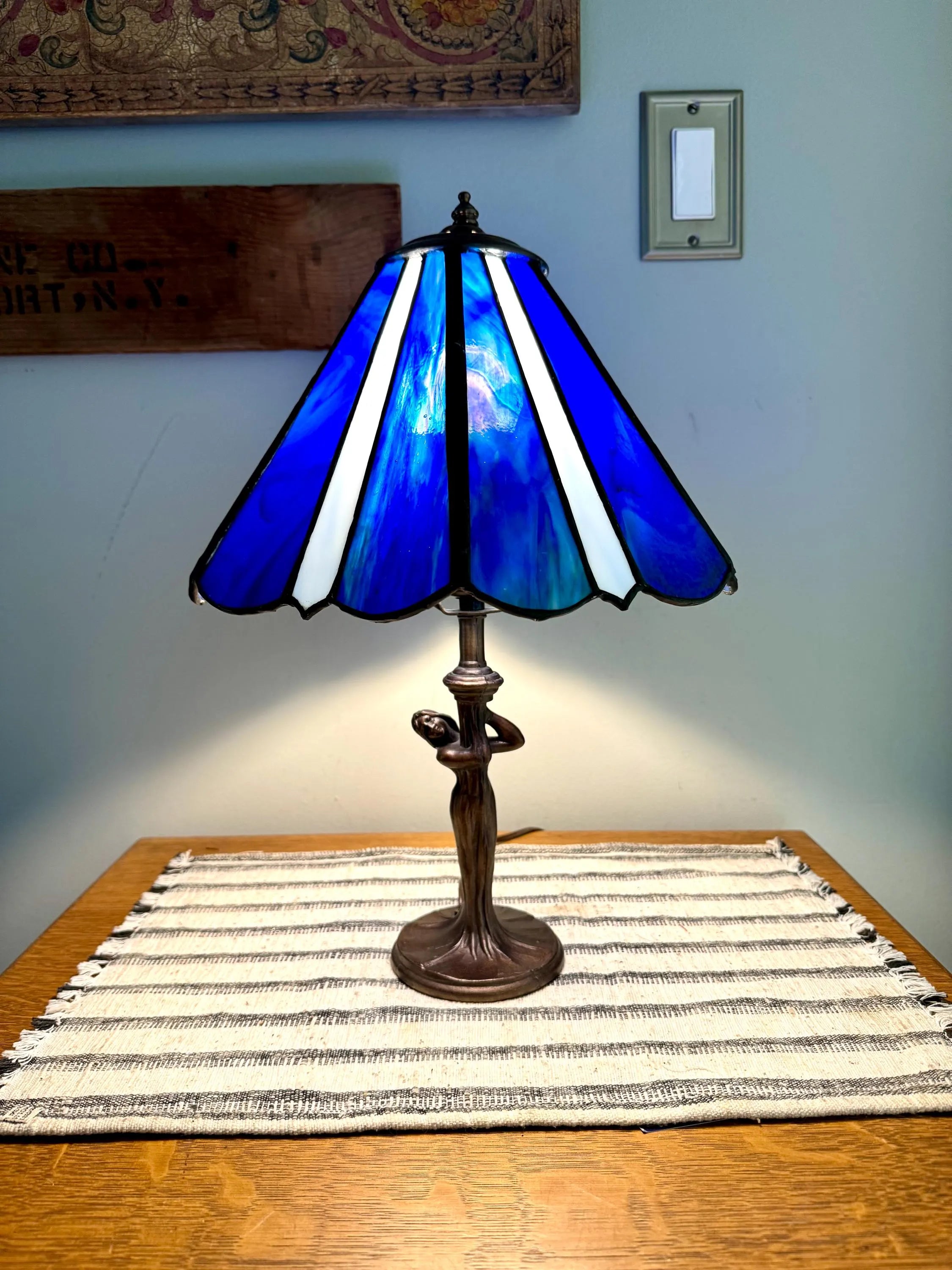 Vintage Tiffany Style Blue Stained Glass Desk Lamp | Art Deco Lady Figurine Stained Glass Lamp | Tiffany Style Tree Lady Accent Lamp
