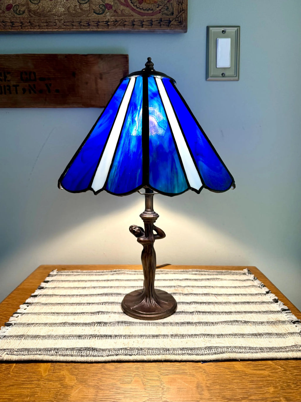 Vintage Tiffany Style Blue Stained Glass Desk Lamp | Art Deco Lady Figurine Stained Glass Lamp | Tiffany Style Tree Lady Accent Lamp