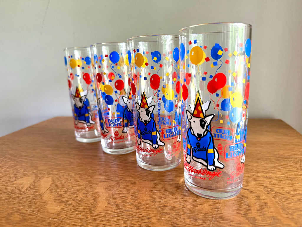 Spud MacKenzie Bud Light Beer Glasses | Vintage Spud MacKenzie Beer Glasses| Vintage Bud Light Beer Glasses | 4 Beer Advertisement Glasses