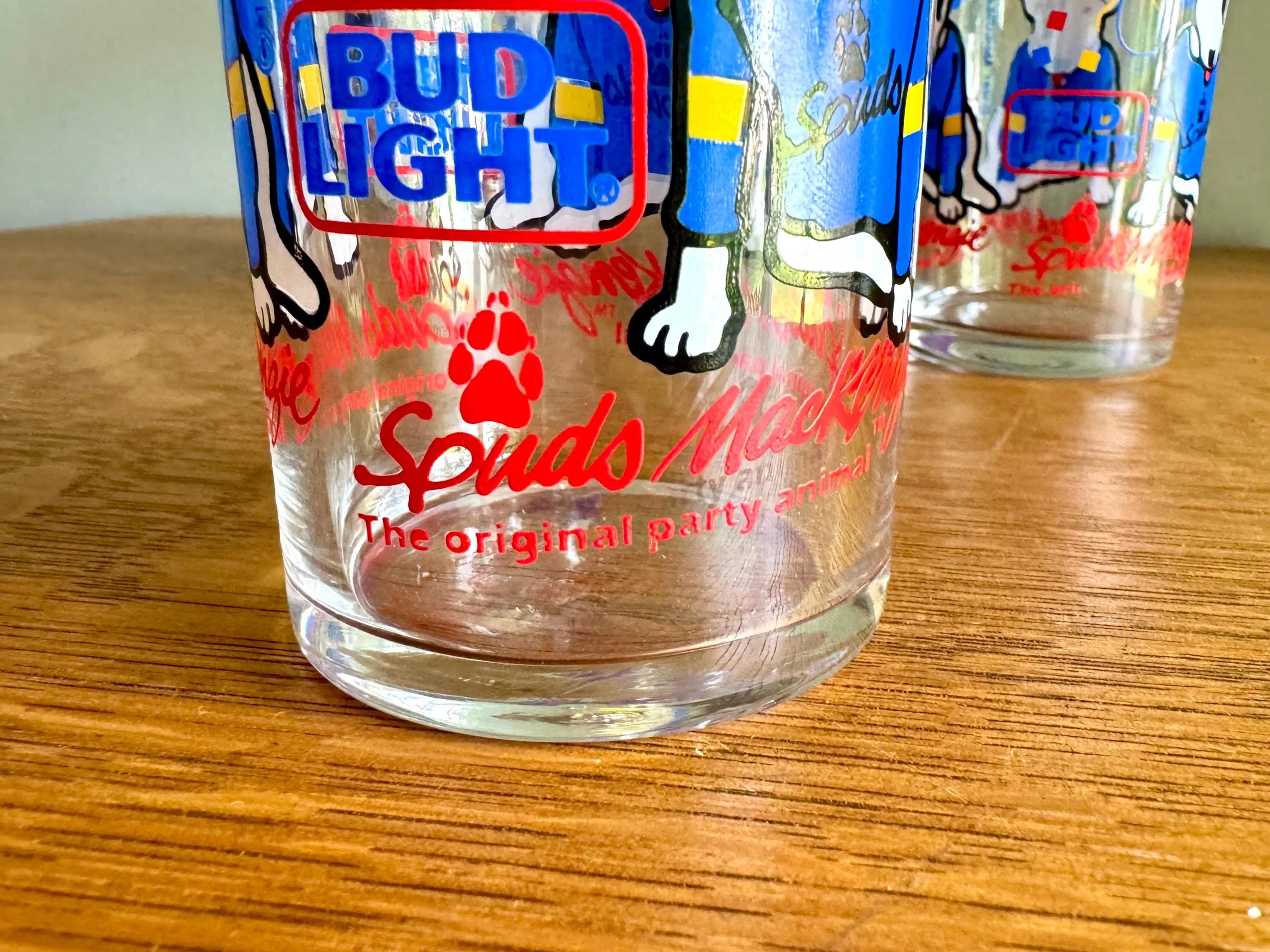 Spud MacKenzie Bud Light Beer Glasses | Vintage Spud MacKenzie Beer Glasses| Vintage Bud Light Beer Glasses | 4 Beer Advertisement Glasses