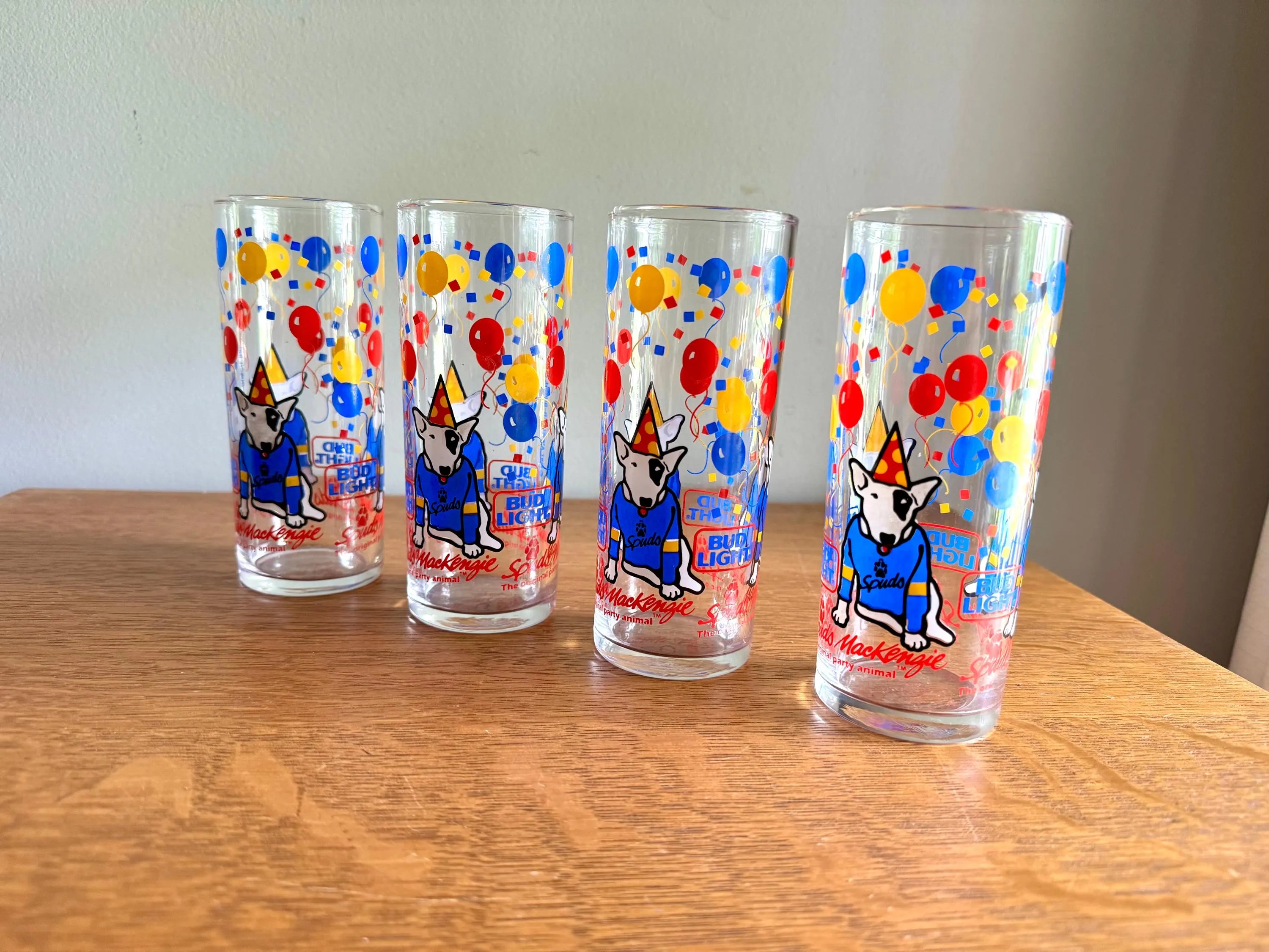 Spud MacKenzie Bud Light Beer Glasses | Vintage Spud MacKenzie Beer Glasses| Vintage Bud Light Beer Glasses | 4 Beer Advertisement Glasses