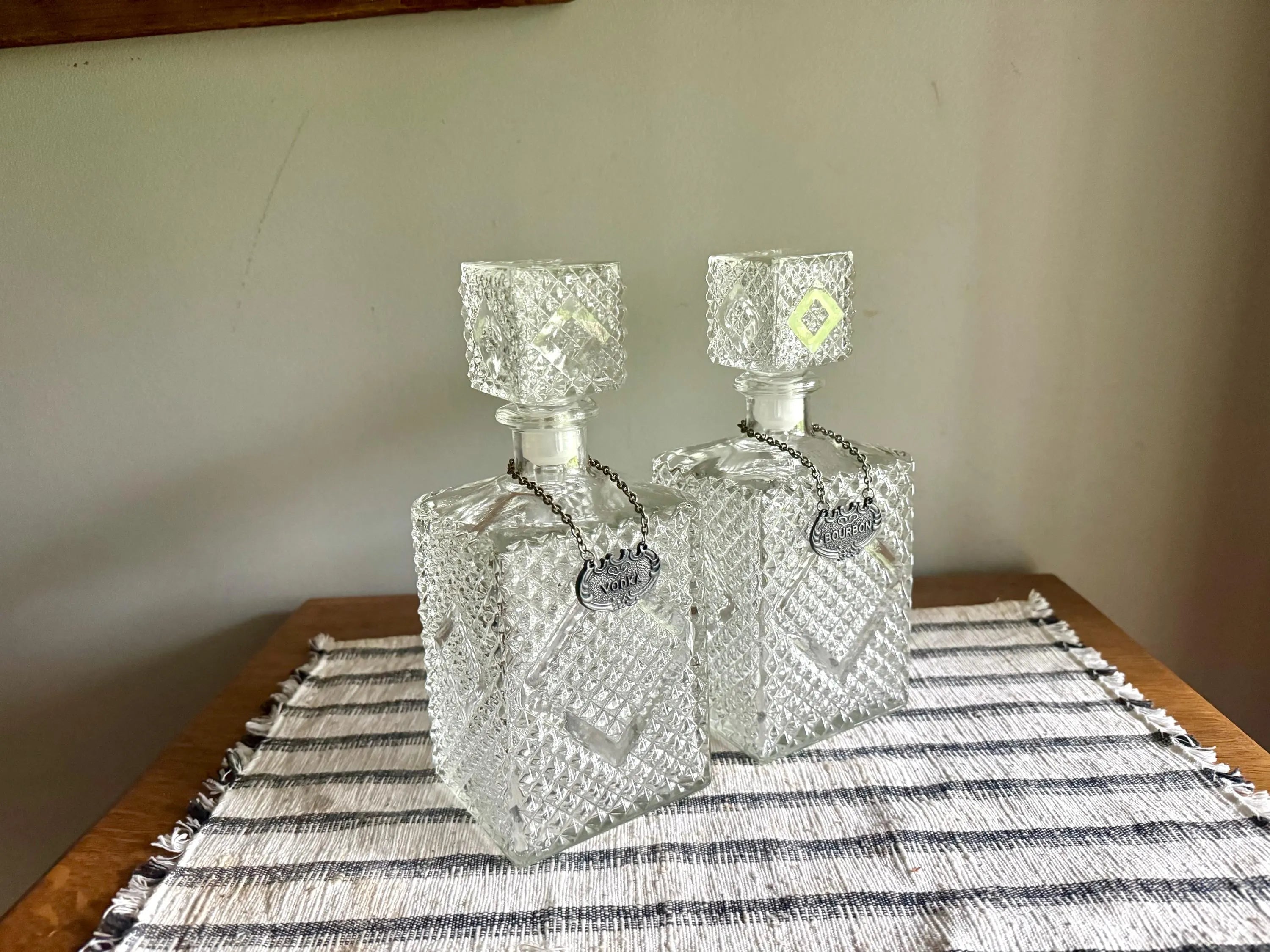 Vintage Pair of Crystal Style Decanters | Diamond Cut Glass Decanters with Decanter Tags | Pair of Diamond Crosshatch Cut Glass Decanters