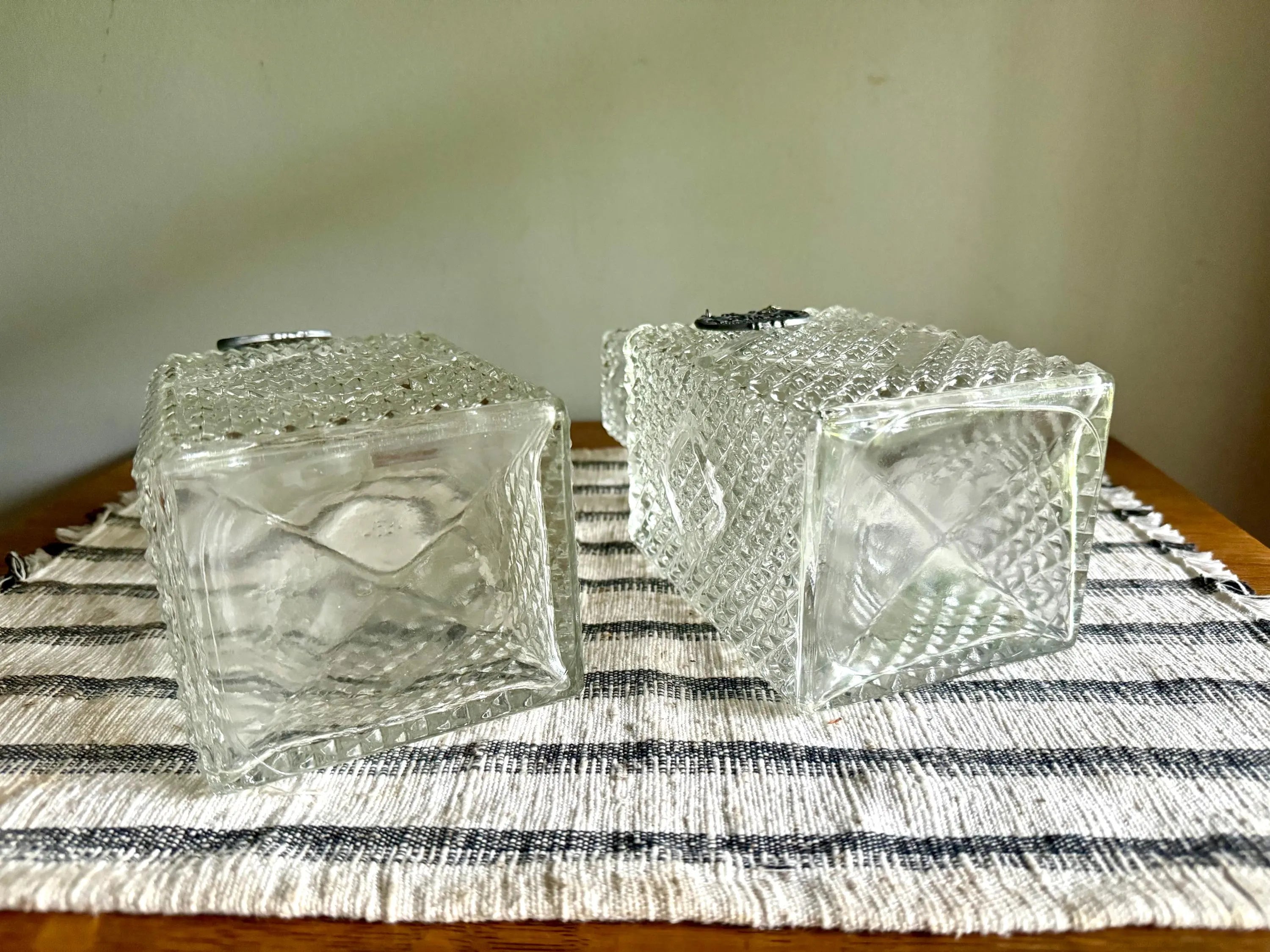 Vintage Pair of Crystal Style Decanters | Diamond Cut Glass Decanters with Decanter Tags | Pair of Diamond Crosshatch Cut Glass Decanters