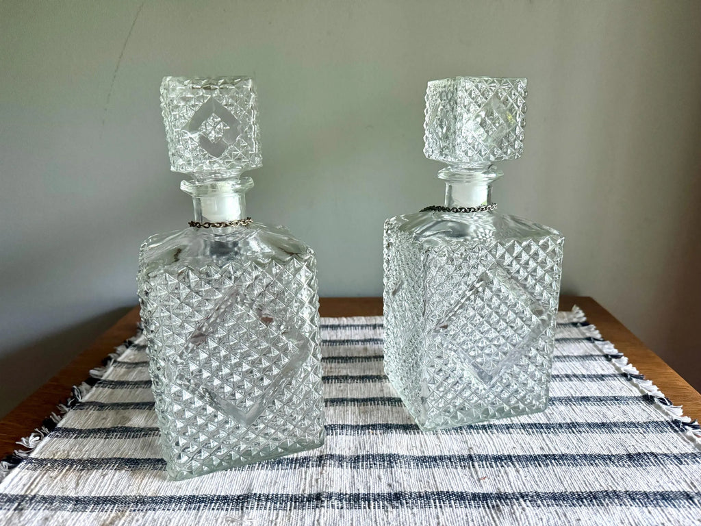 Vintage Pair of Crystal Style Decanters | Diamond Cut Glass Decanters with Decanter Tags | Pair of Diamond Crosshatch Cut Glass Decanters