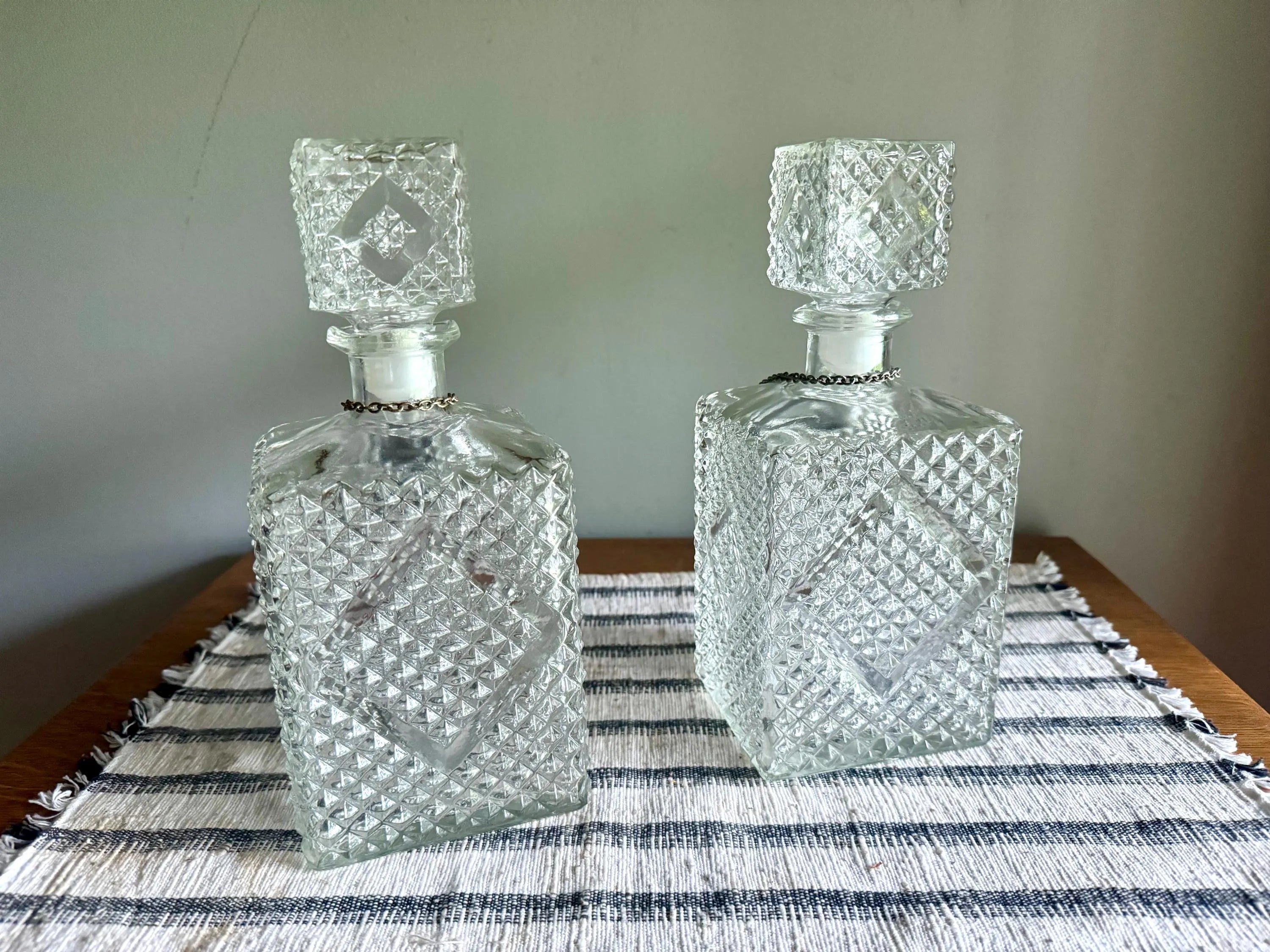 Vintage Pair of Crystal Style Decanters | Diamond Cut Glass Decanters with Decanter Tags | Pair of Diamond Crosshatch Cut Glass Decanters