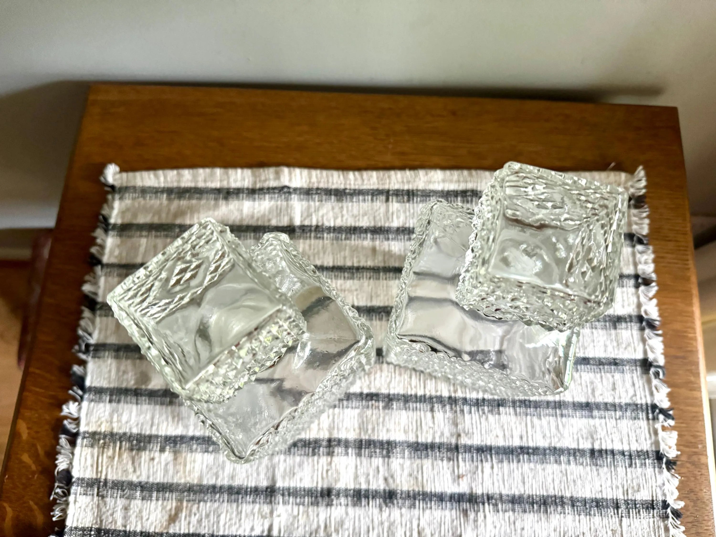 Vintage Pair of Crystal Style Decanters | Diamond Cut Glass Decanters with Decanter Tags | Pair of Diamond Crosshatch Cut Glass Decanters