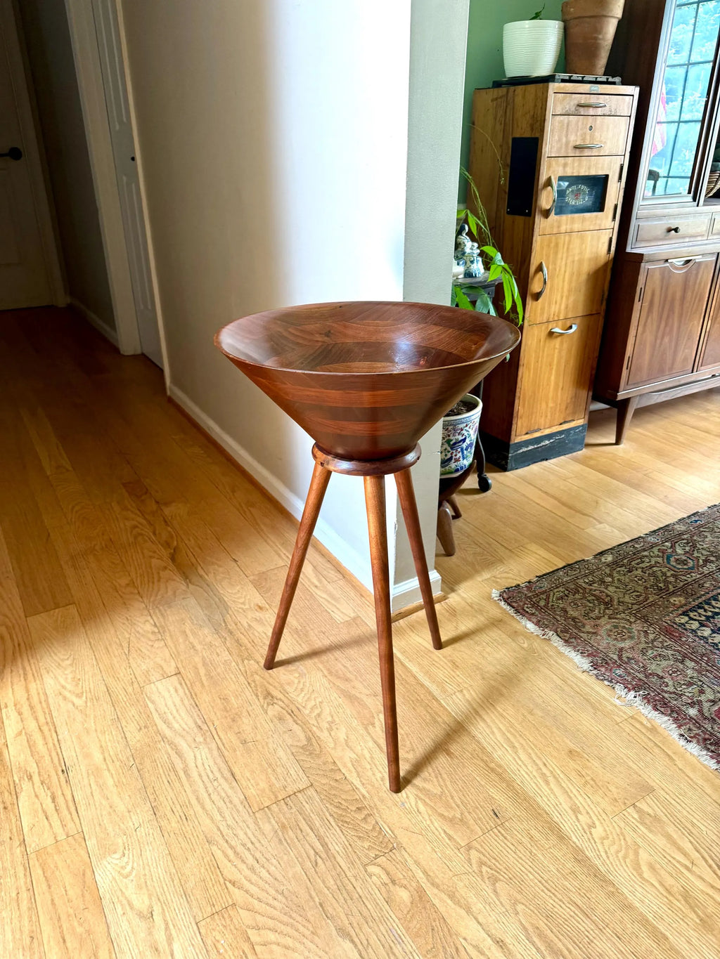 A Vintage Vermillion Walnut Salad Bowl Stand | Danish Modern Salad Bowl | MCM Salad Bowl on Legs | Vermillion Walnut Salad Bowl