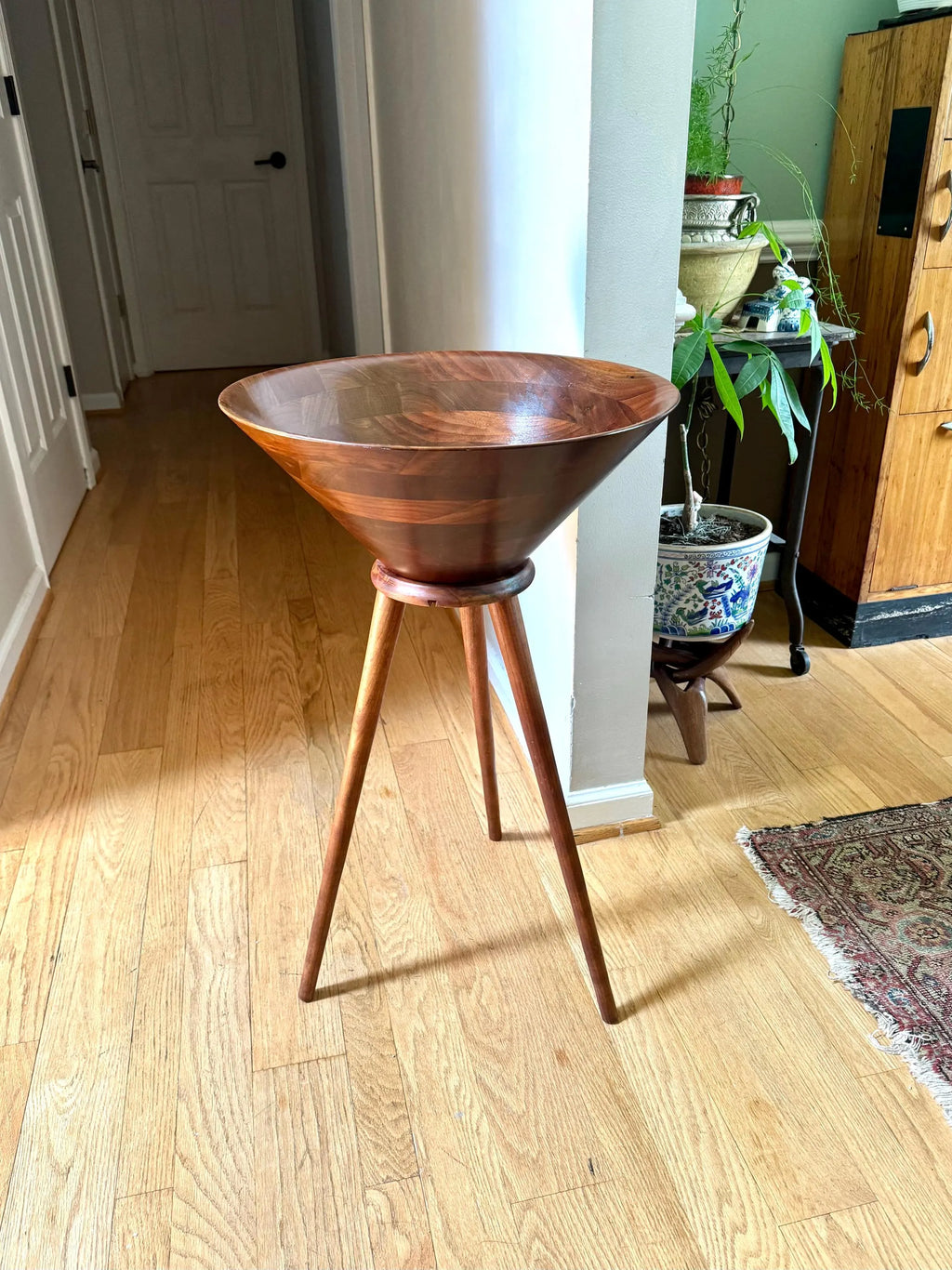 A Vintage Vermillion Walnut Salad Bowl Stand | Danish Modern Salad Bowl | MCM Salad Bowl on Legs | Vermillion Walnut Salad Bowl