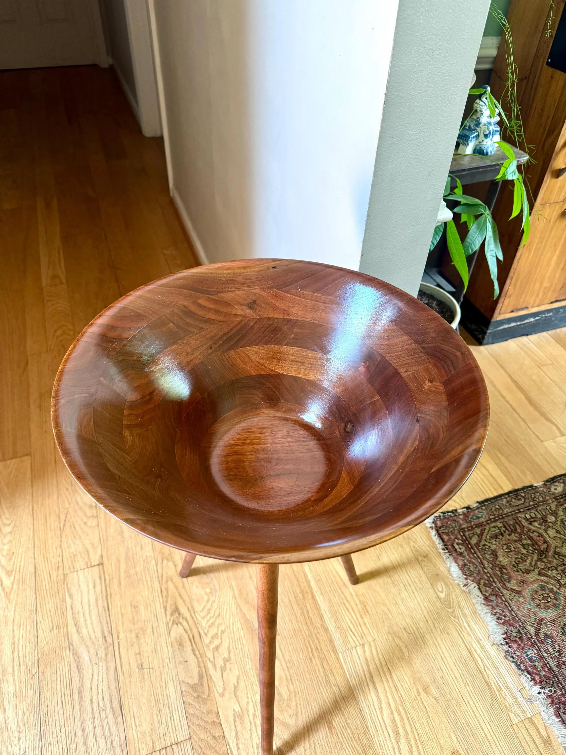 A Vintage Vermillion Walnut Salad Bowl Stand | Danish Modern Salad Bowl | MCM Salad Bowl on Legs | Vermillion Walnut Salad Bowl