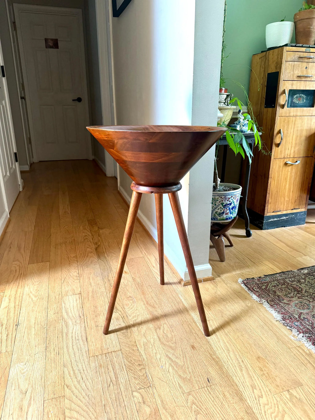 A Vintage Vermillion Walnut Salad Bowl Stand | Danish Modern Salad Bowl | MCM Salad Bowl on Legs | Vermillion Walnut Salad Bowl