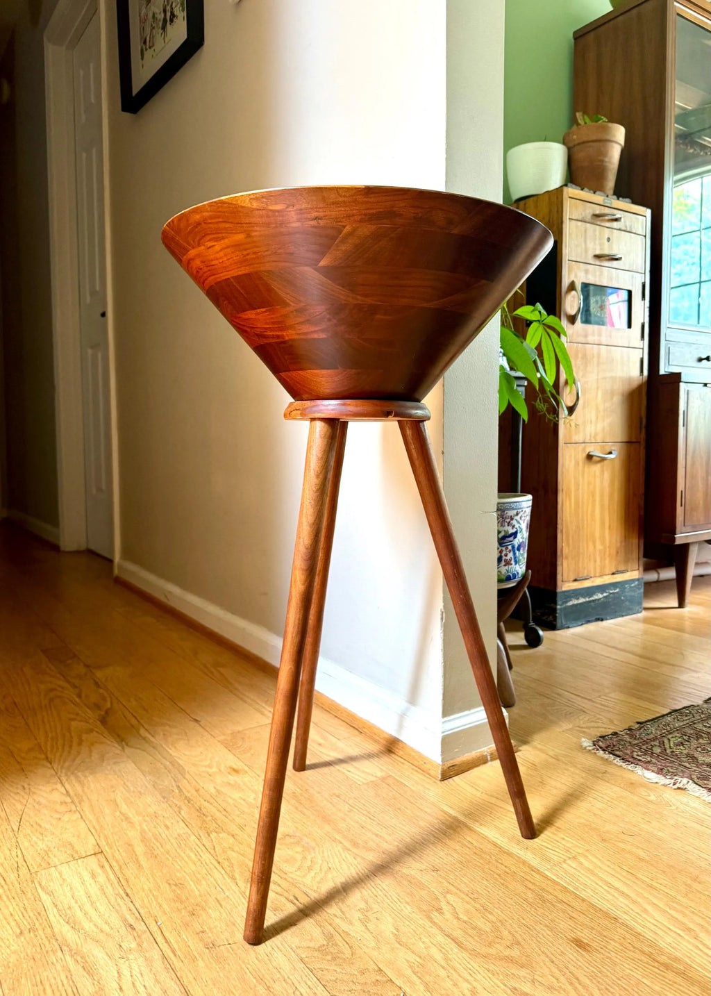 A Vintage Vermillion Walnut Salad Bowl Stand | Danish Modern Salad Bowl | MCM Salad Bowl on Legs | Vermillion Walnut Salad Bowl