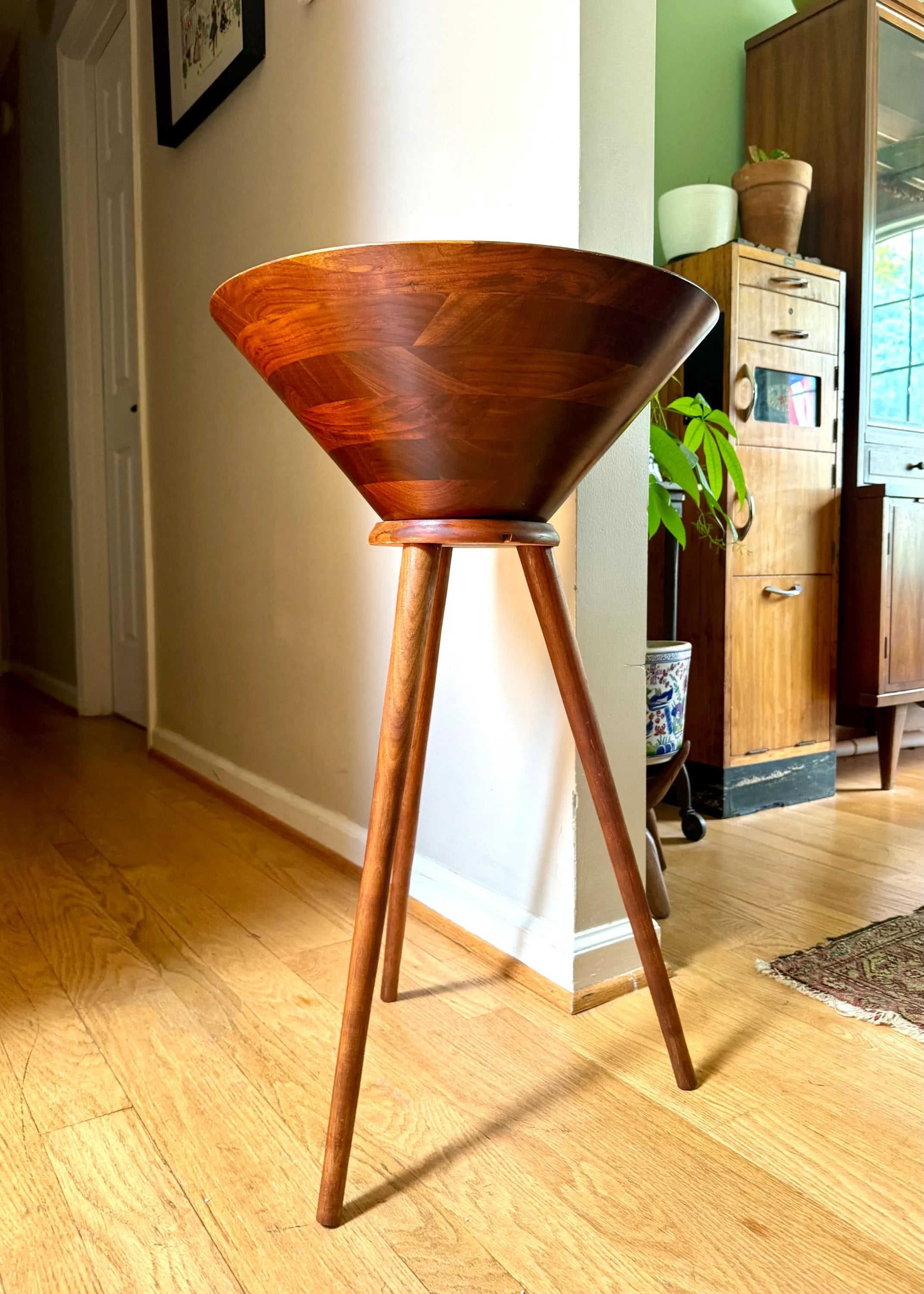 A Vintage Vermillion Walnut Salad Bowl Stand | Danish Modern Salad Bowl | MCM Salad Bowl on Legs | Vermillion Walnut Salad Bowl