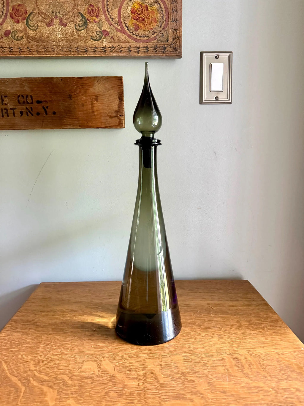 Large Charcoal Smoked Empoli Glass Bottle | Smoked Italian Glass Decanter | 19" Genie Bottle Smoked Gray | Bohemian Style Bottle| Boho Decor