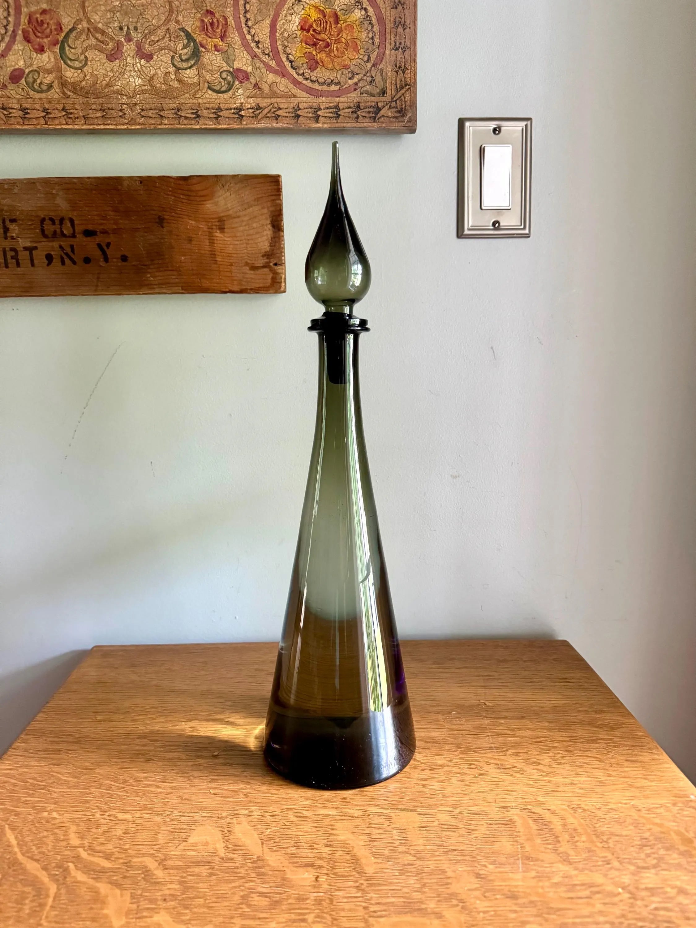 Large Charcoal Smoked Empoli Glass Bottle | Smoked Italian Glass Decanter | 19" Genie Bottle Smoked Gray | Bohemian Style Bottle| Boho Decor