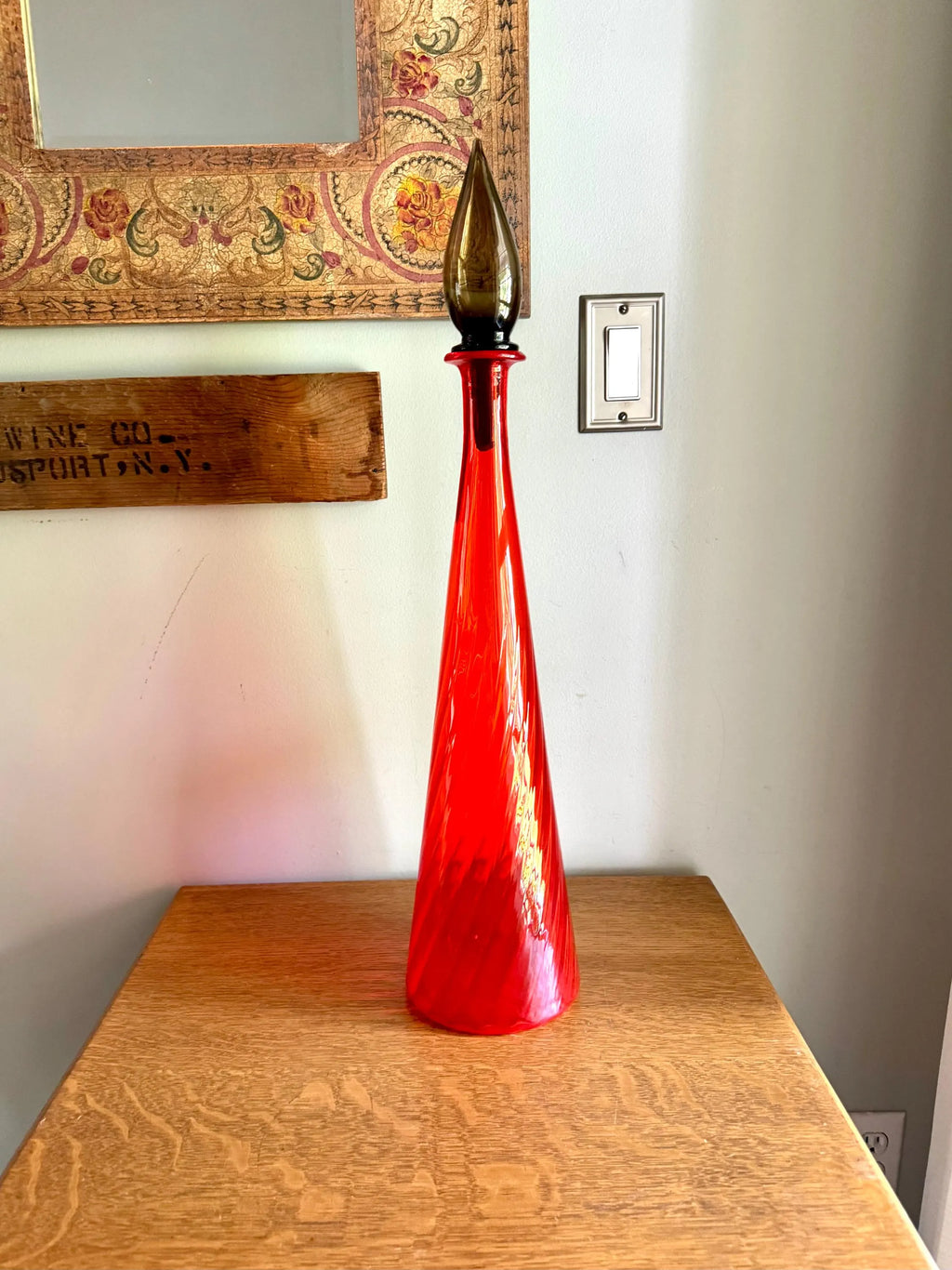 Large Flame Red Swirl Empoli Glass Bottle | Red Italian Glass Decanter | 24 1/2" Genie Bottle | Red Swirl Glass Bohemian Style Bottle