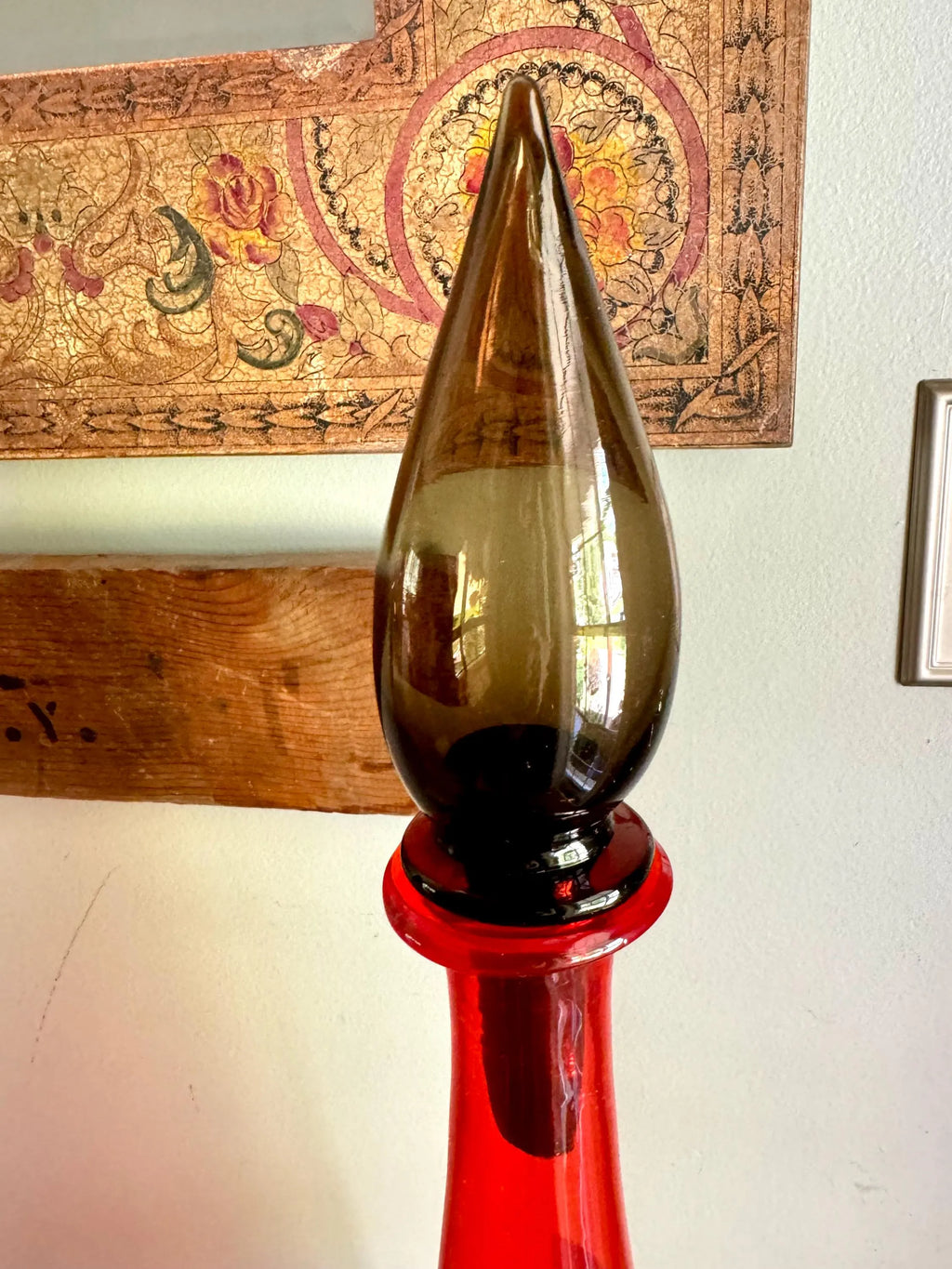 Large Flame Red Swirl Empoli Glass Bottle | Red Italian Glass Decanter | 24 1/2" Genie Bottle | Red Swirl Glass Bohemian Style Bottle