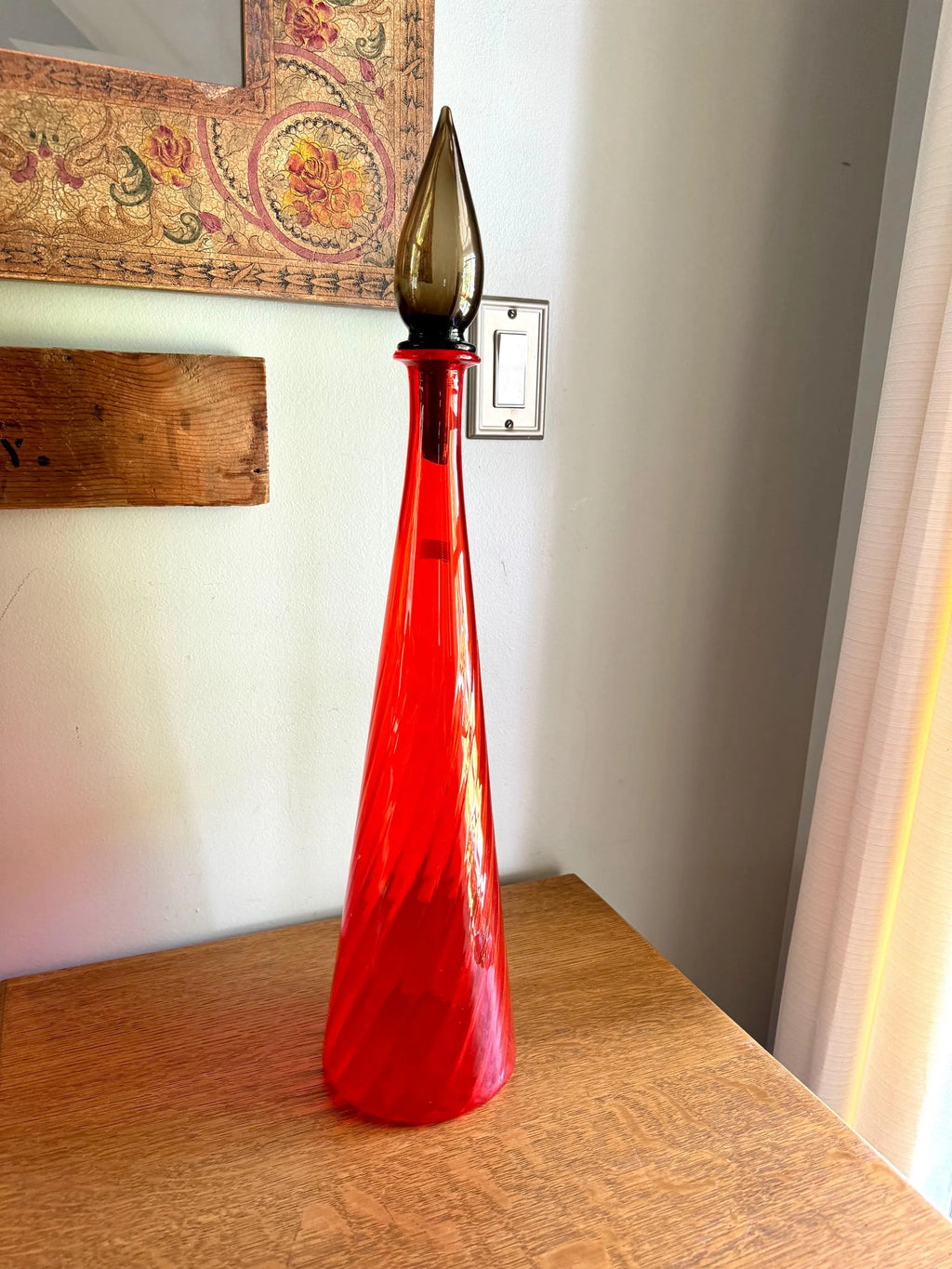 Large Flame Red Swirl Empoli Glass Bottle | Red Italian Glass Decanter | 24 1/2" Genie Bottle | Red Swirl Glass Bohemian Style Bottle