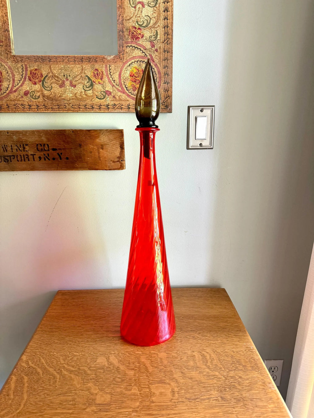 Large Flame Red Swirl Empoli Glass Bottle | Red Italian Glass Decanter | 24 1/2" Genie Bottle | Red Swirl Glass Bohemian Style Bottle