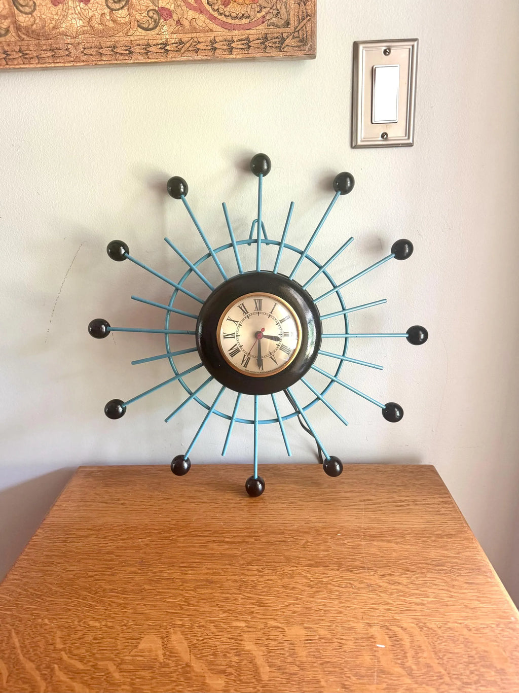 Vintage Sessions Starburst Wall Clock | Painted Sunburst Atomic Clock | Mid Century Modern Wall Clock | Blue and Black MCM Wall Clock