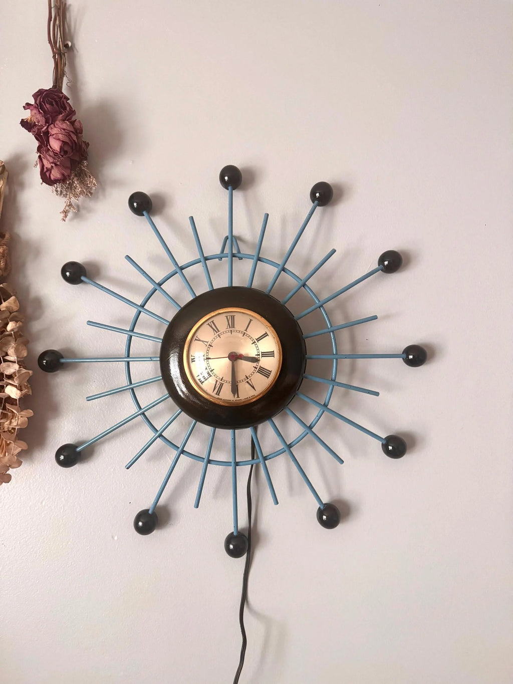 Vintage Sessions Starburst Wall Clock | Painted Sunburst Atomic Clock | Mid Century Modern Wall Clock | Blue and Black MCM Wall Clock