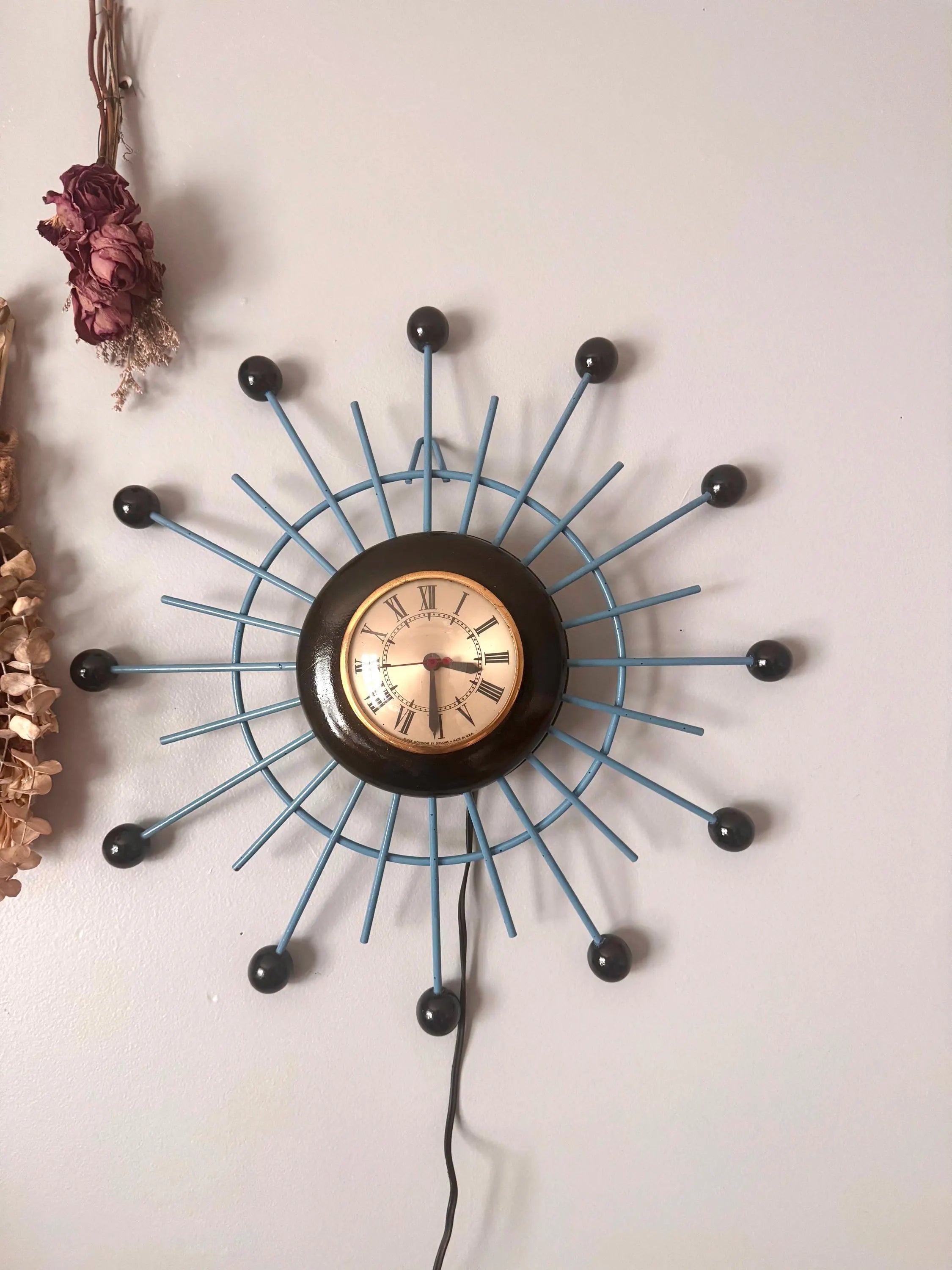 Vintage Sessions Starburst Wall Clock | Painted Sunburst Atomic Clock | Mid Century Modern Wall Clock | Blue and Black MCM Wall Clock