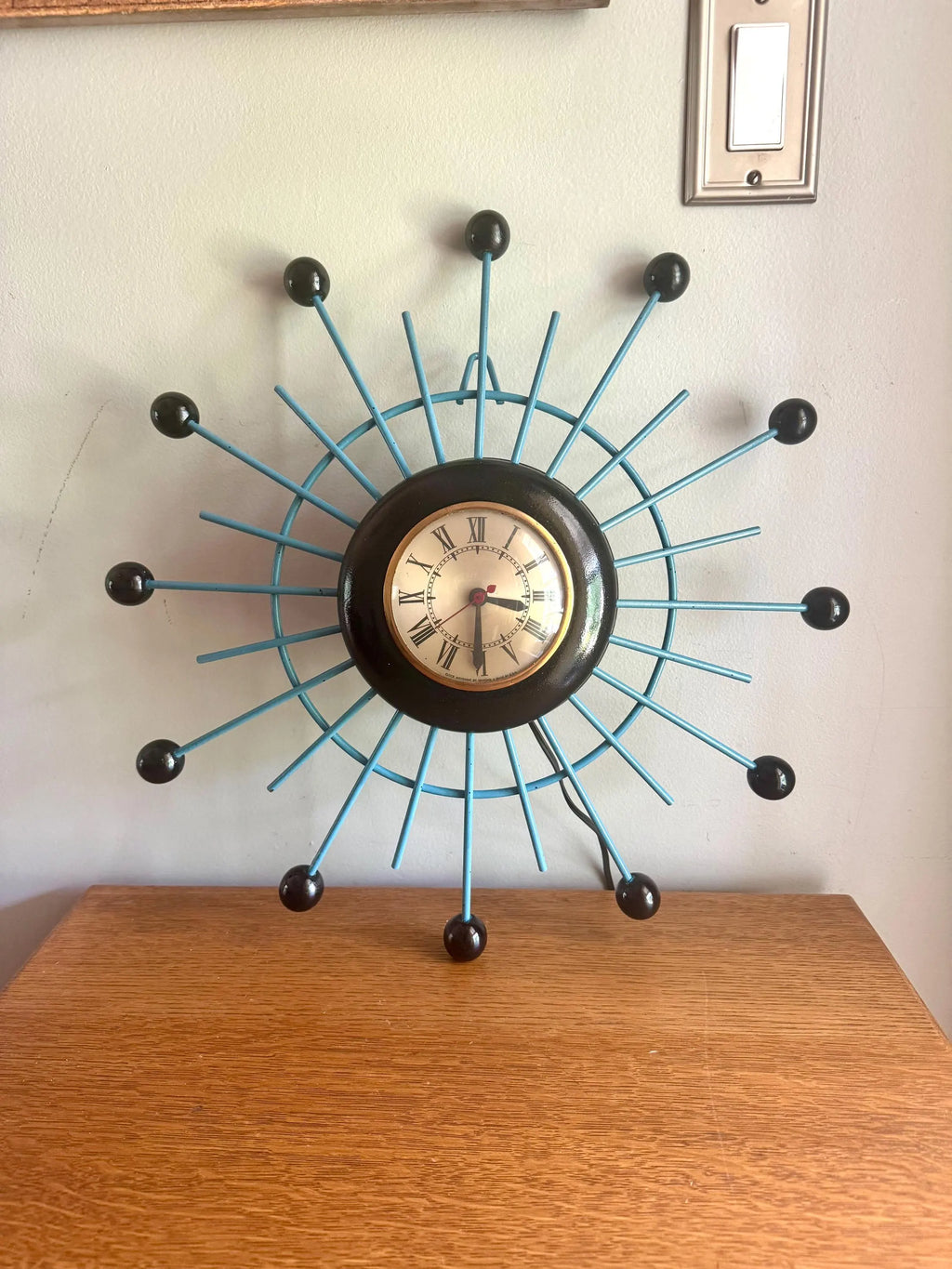Vintage Sessions Starburst Wall Clock | Painted Sunburst Atomic Clock | Mid Century Modern Wall Clock | Blue and Black MCM Wall Clock